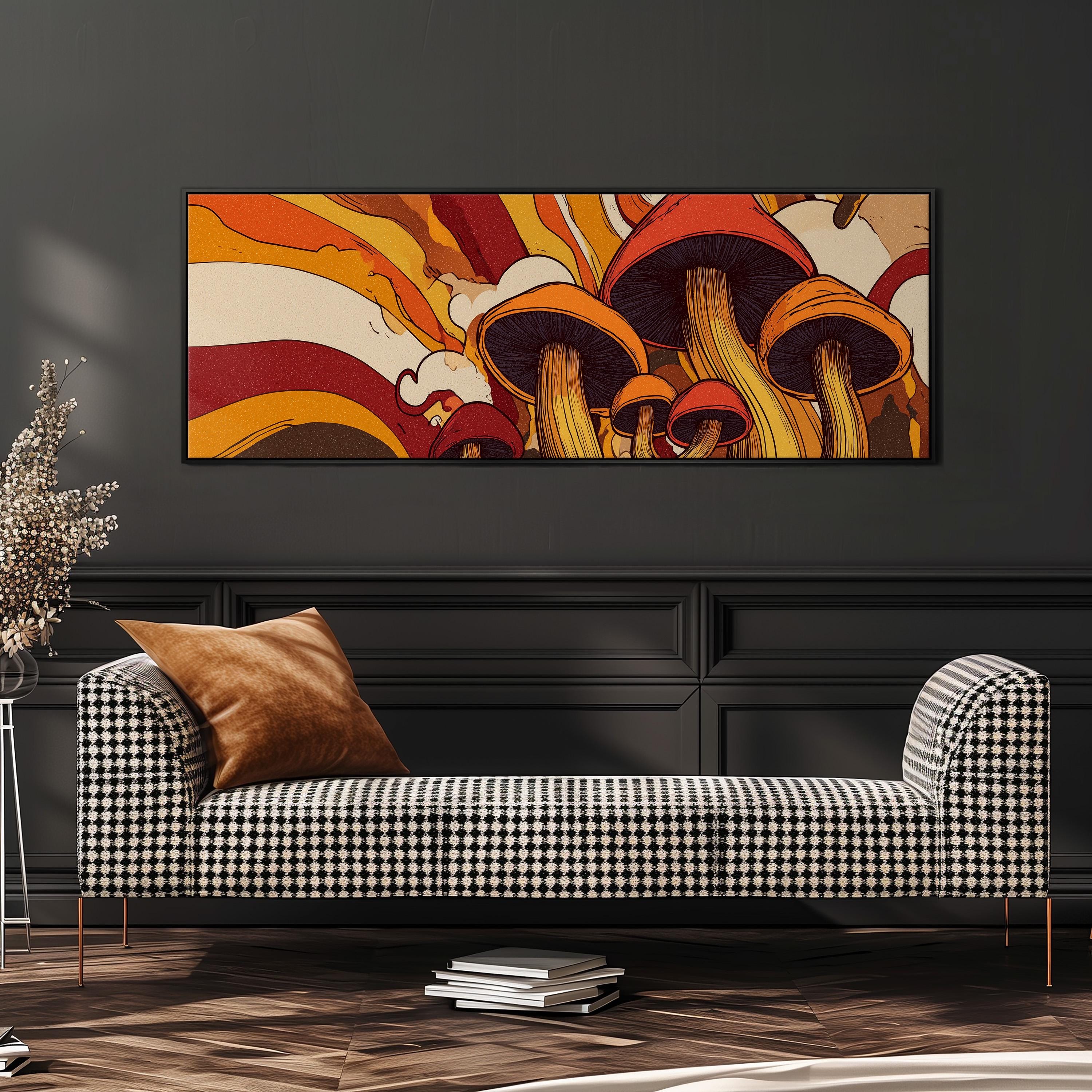a large, colorful painting of mushrooms hanging on a wall above a black and white checkered sofa in a living room setting.