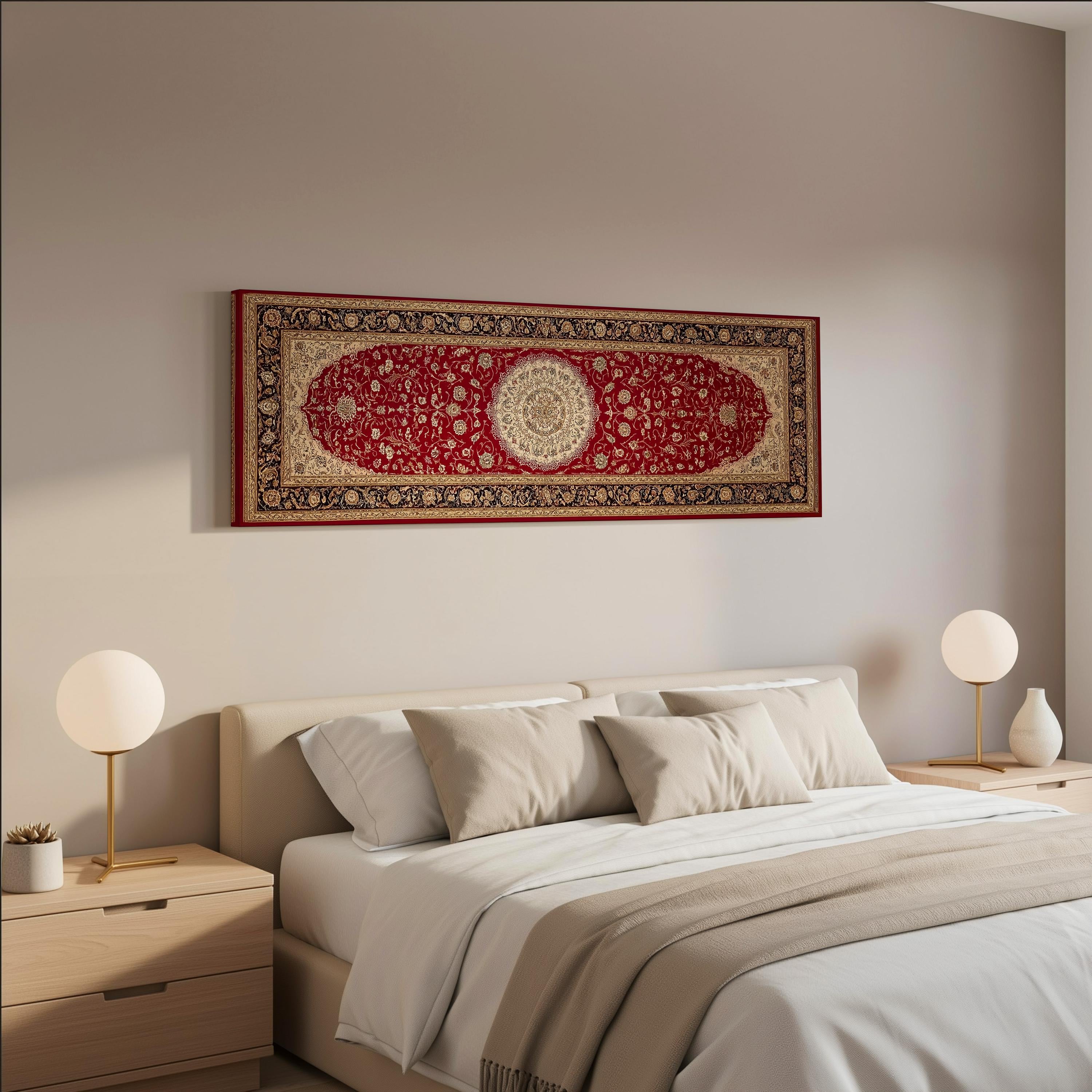 a modern bedroom with a large bed, white bedding, and a framed red and gold rug hanging on the wall above it.