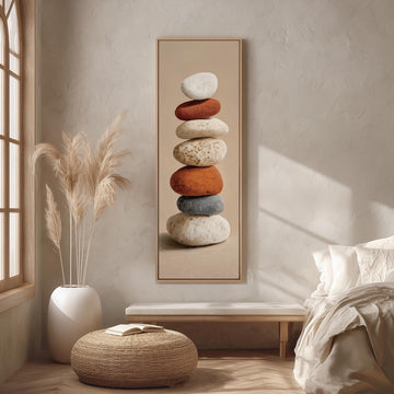 a serene and minimalist bedroom scene, featuring a large framed picture of stacked rocks on the wall, a white bed with a white pillow, a white ottoman, and a window with white curtains.