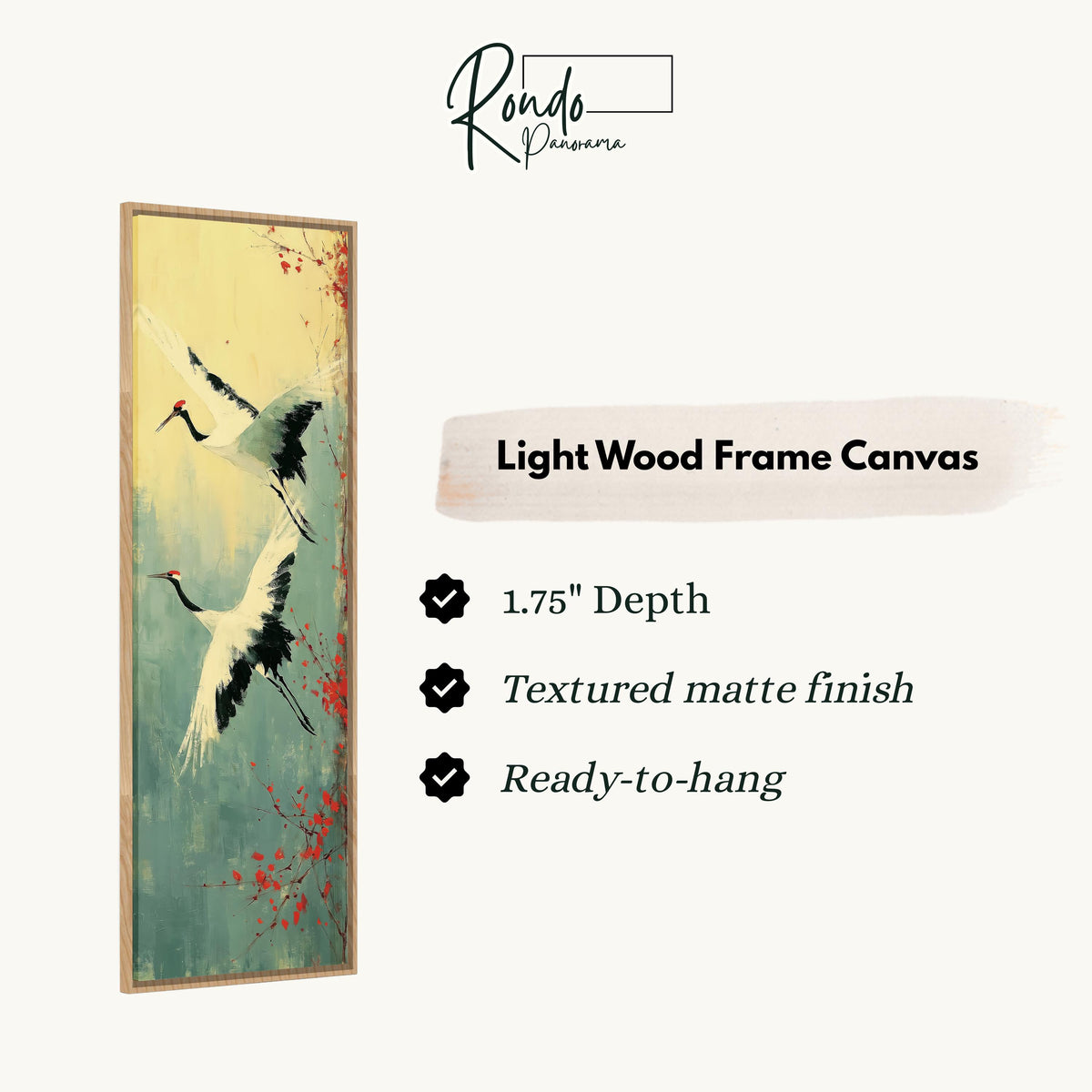Pair of red-crowned cranes in flight canvas print in a light wood floating frame