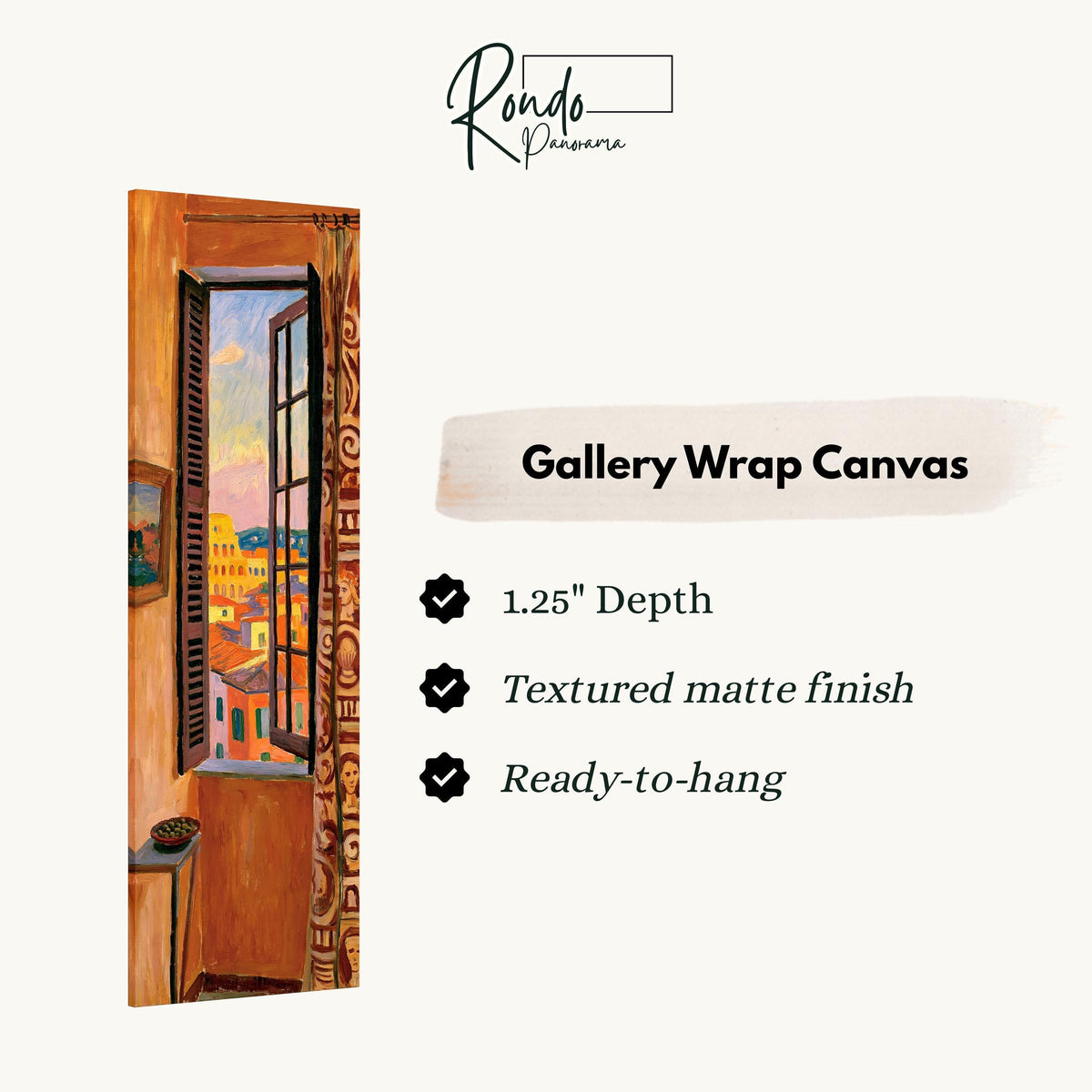 Rome's Colosseum through a tall orange room window gallery wrap canvas with the image wrapped around the edges