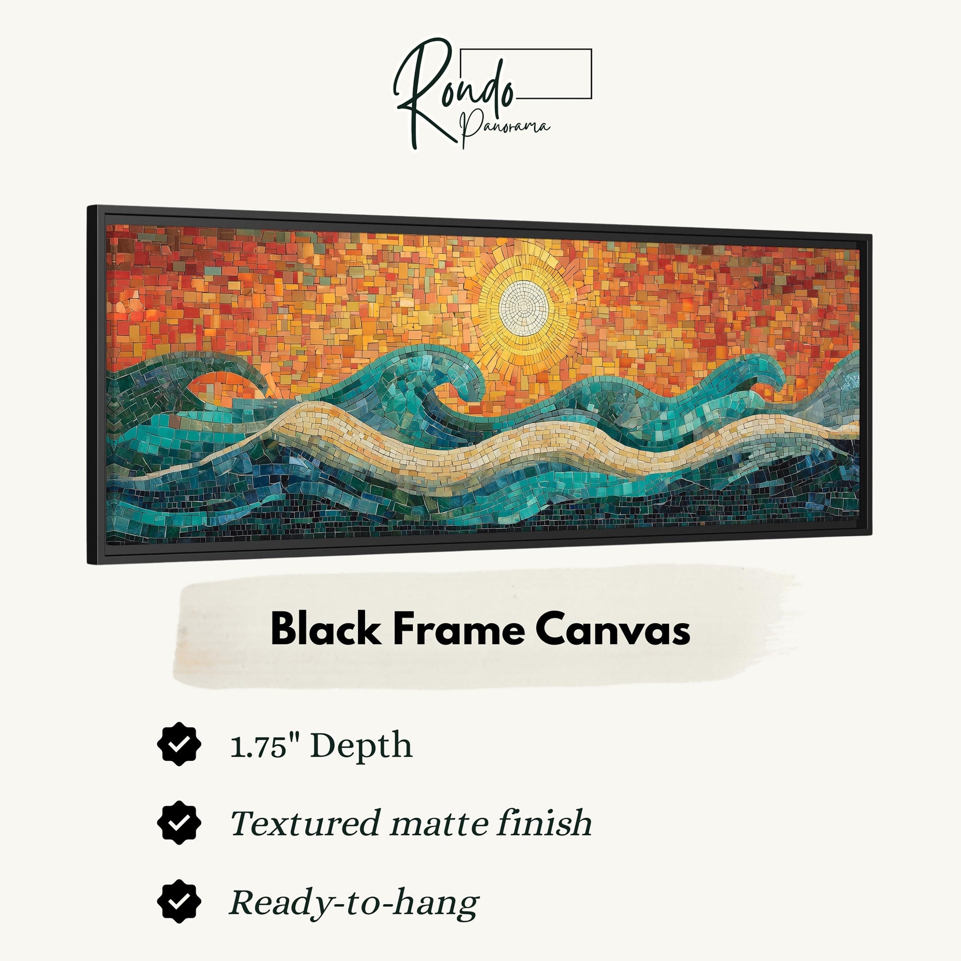 The image is a black frame canvas depicting a vibrant mosaic artwork of a sunset over a wave.