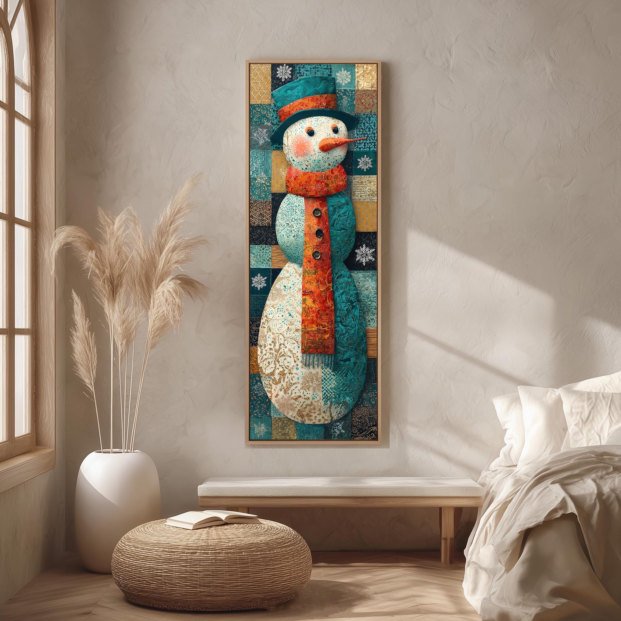 a large, colorful painting of a snowman hanging on a wall in a cozy living room.