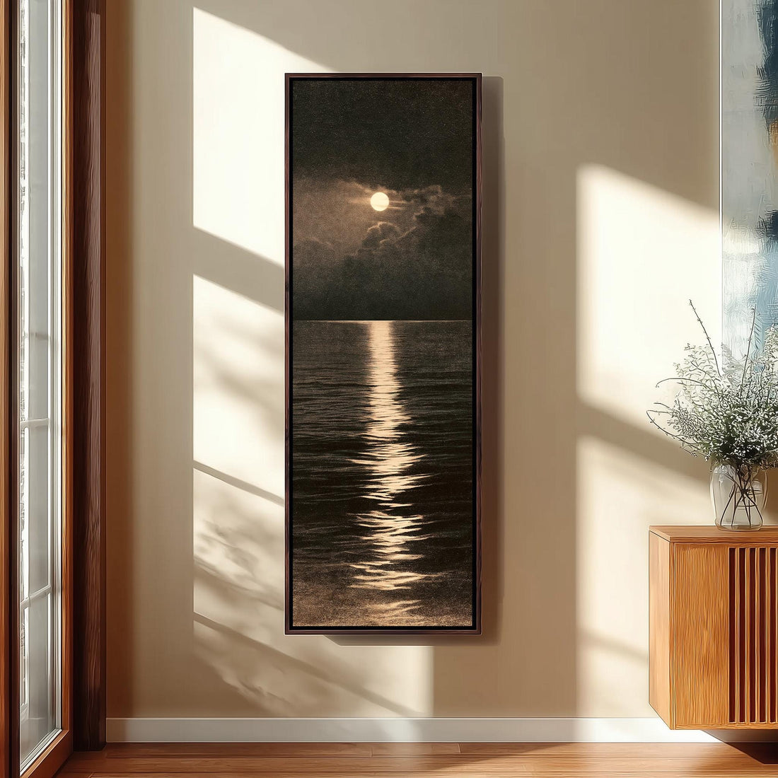 Moonlight reflecting on a dark sepia ocean long vertical canvas print in a sunlit living space