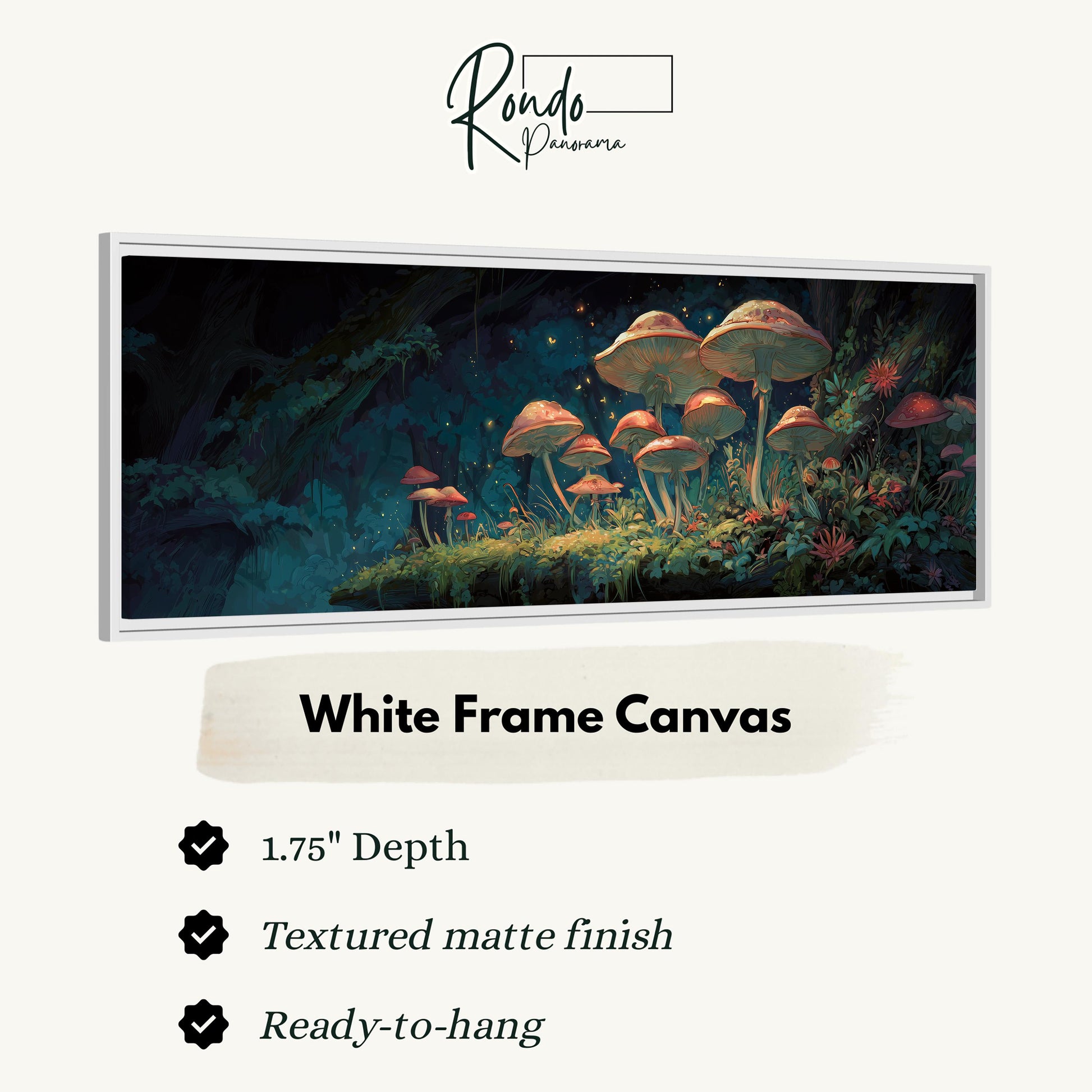 The image is a white frame canvas depicting a forest scene with mushrooms and other plants.