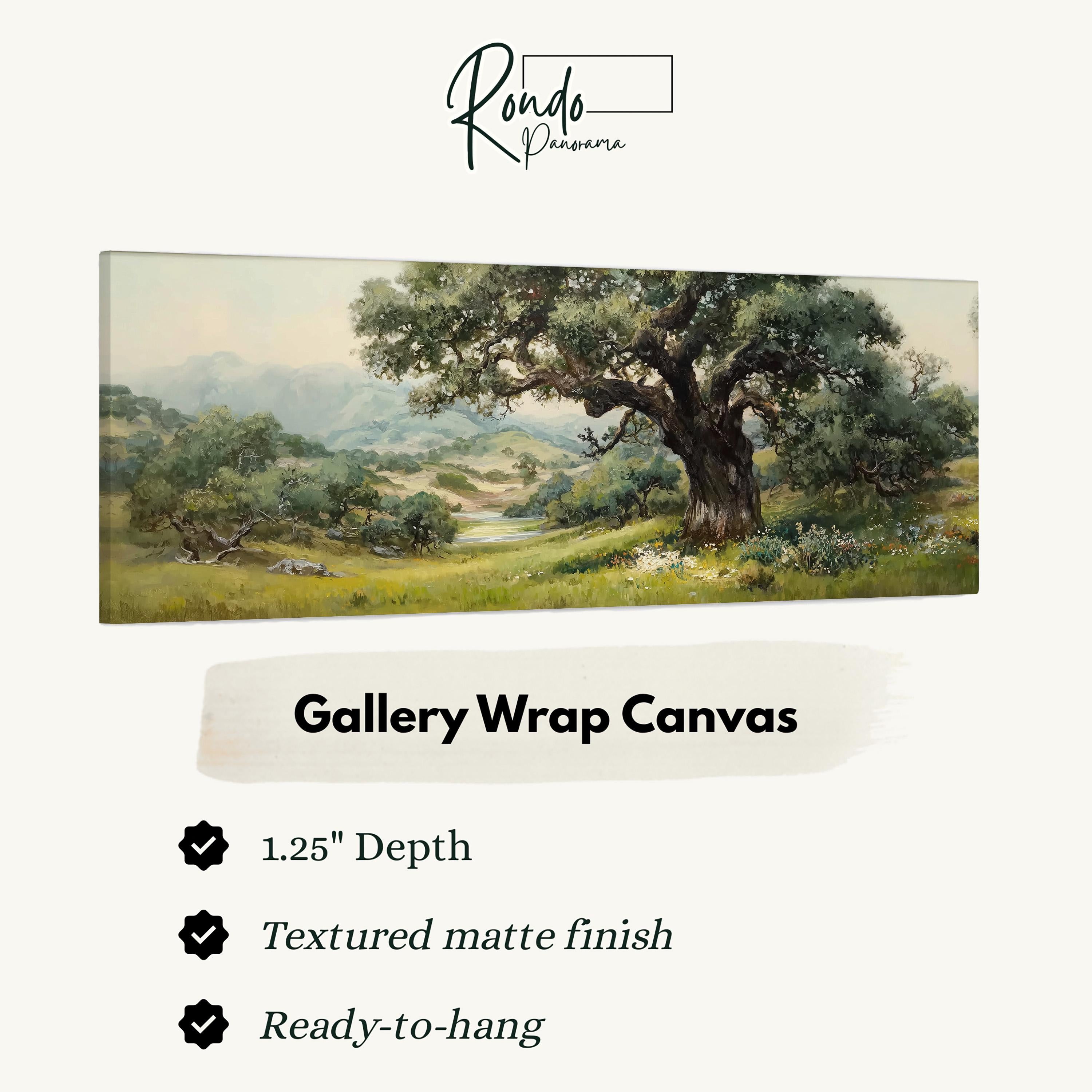 The image is a painting of a large tree in a grassy field, with mountains in the background.