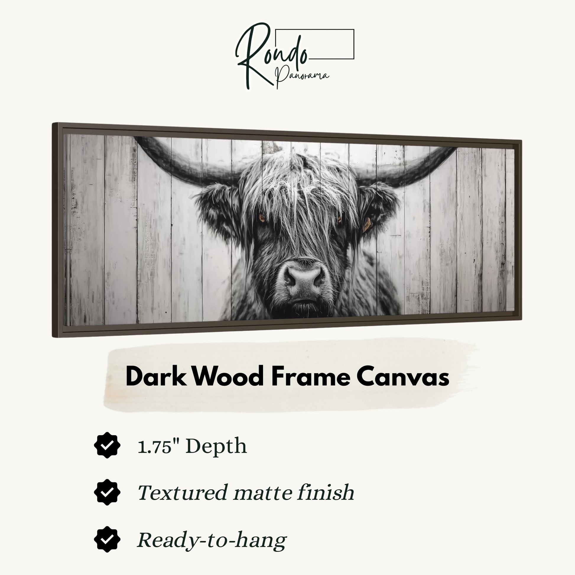 a close-up of a horned animal, possibly a yak or a bull, with a dark wood frame.