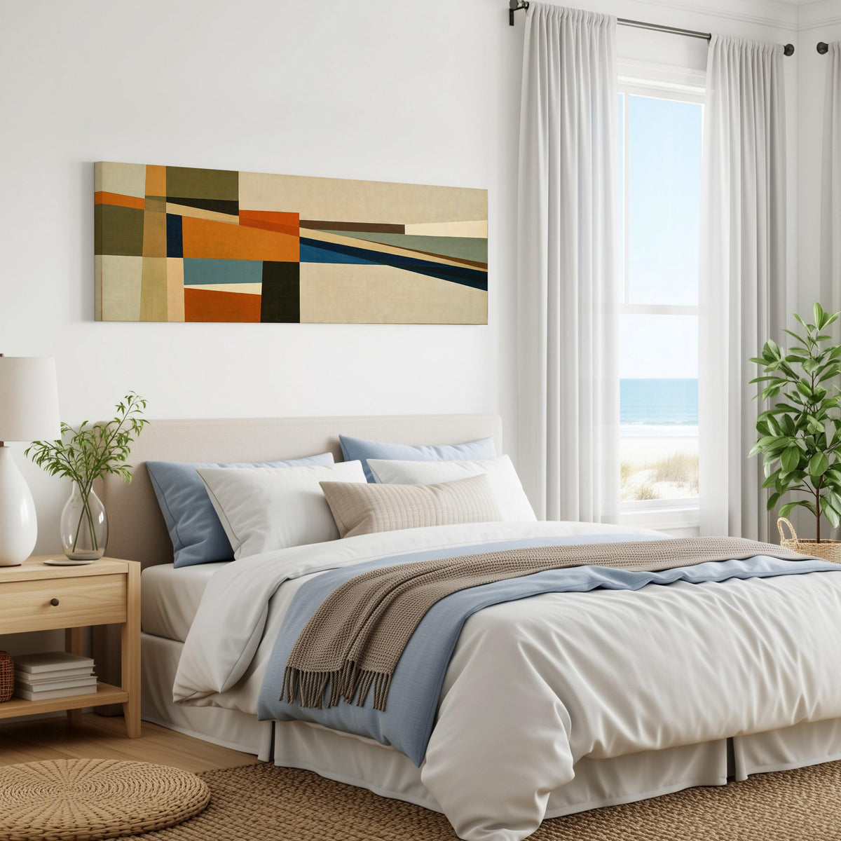 Olive and rust geometric blocks panoramic canvas print above a bed in a coastal bedroom