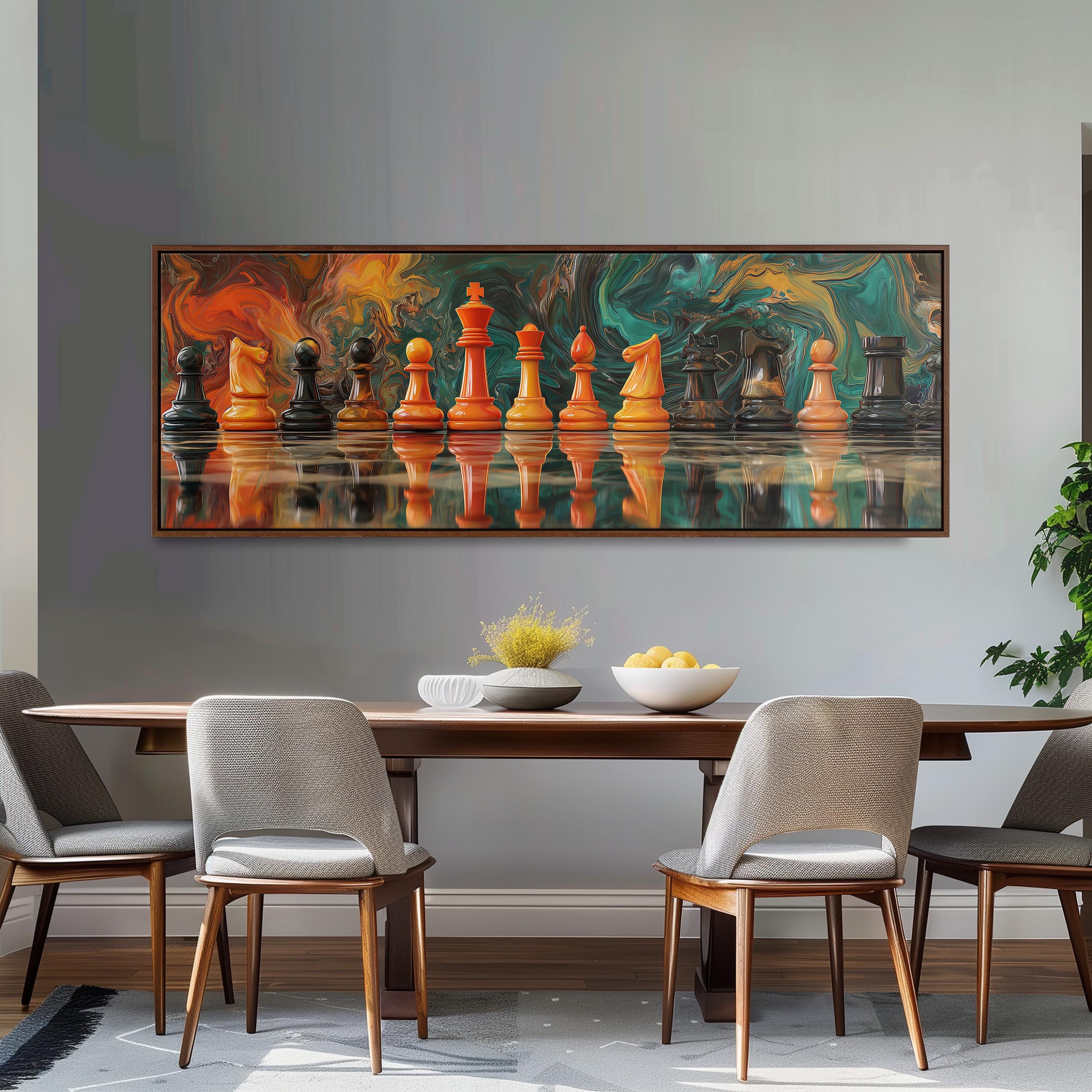 a large painting of chess pieces arranged on a table, with a colorful and abstract background.