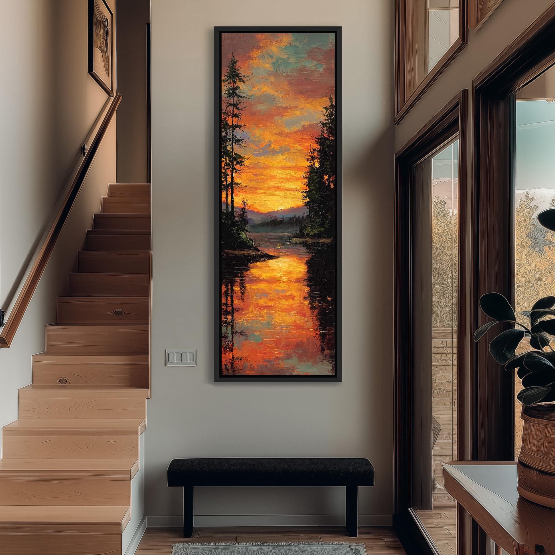a large painting of a sunset landscape hanging on the wall of a hallway. The painting is framed and appears to be the focal point of the room.