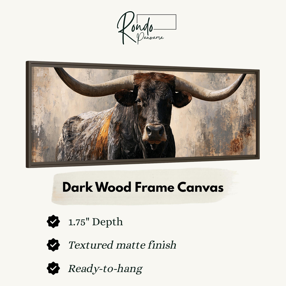 Longhorn bull portrait canvas print in a dark wood floating frame
