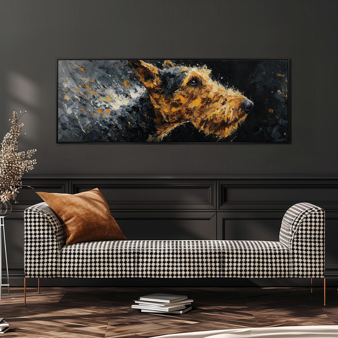 a large, colorful painting of a dog's head hanging on a wall above a black and white checkered sofa.