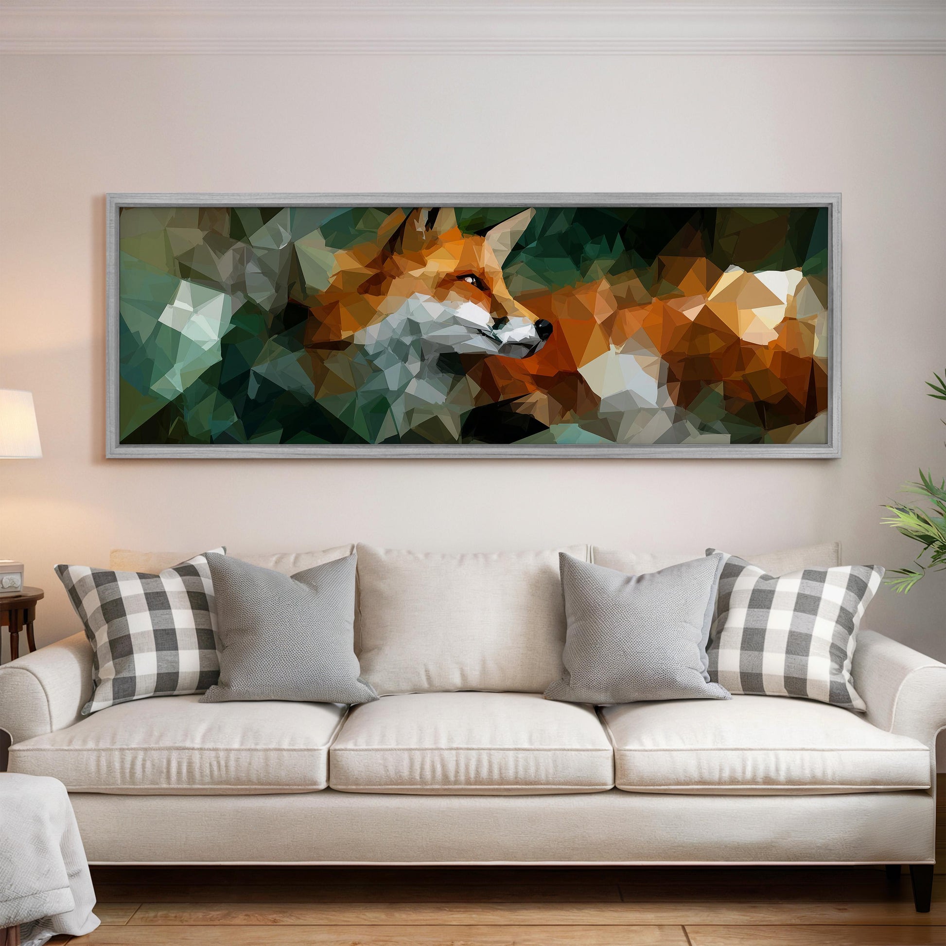 a large, abstract painting of a fox on the wall above a white couch with gray and white plaid throw pillows.