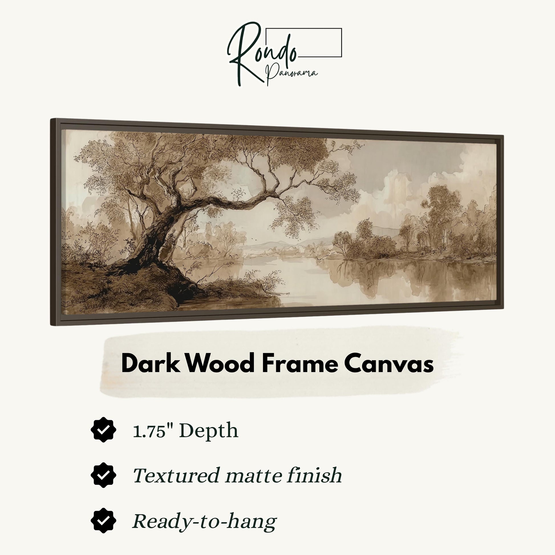 The image is a dark wood frame canvas depicting a landscape with a tree and a body of water.