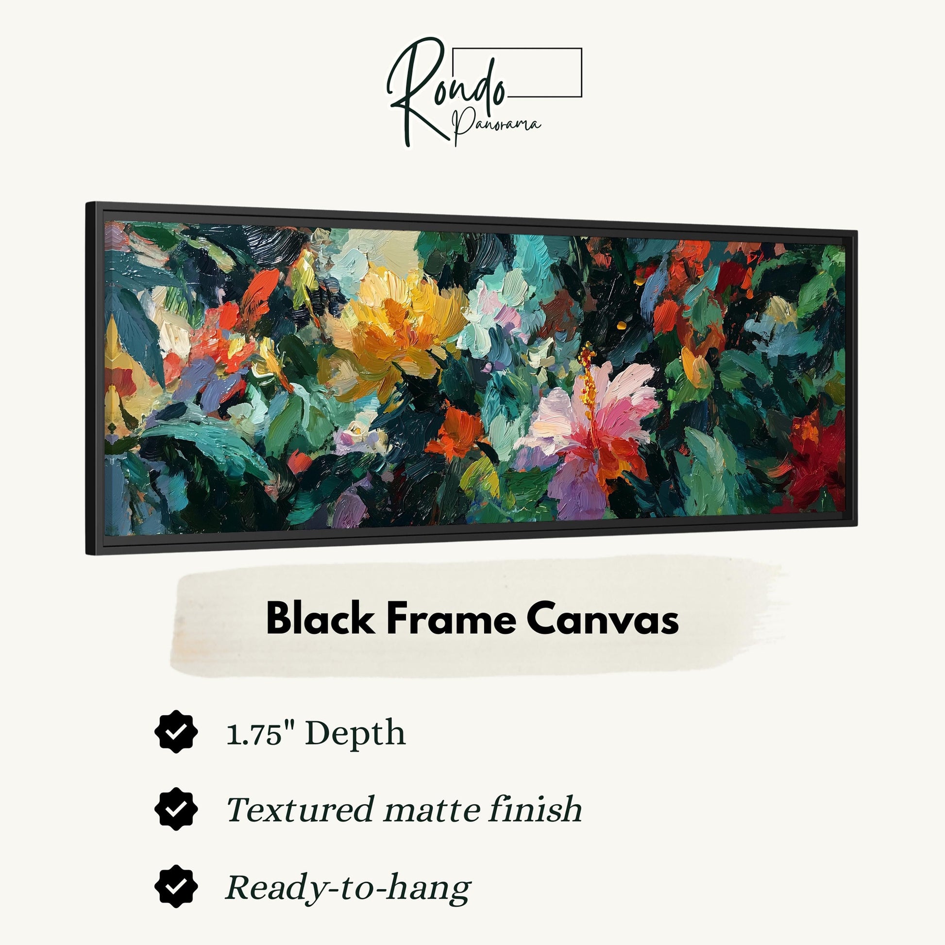 The image is a black frame canvas with a vibrant, colorful painting of flowers and foliage.