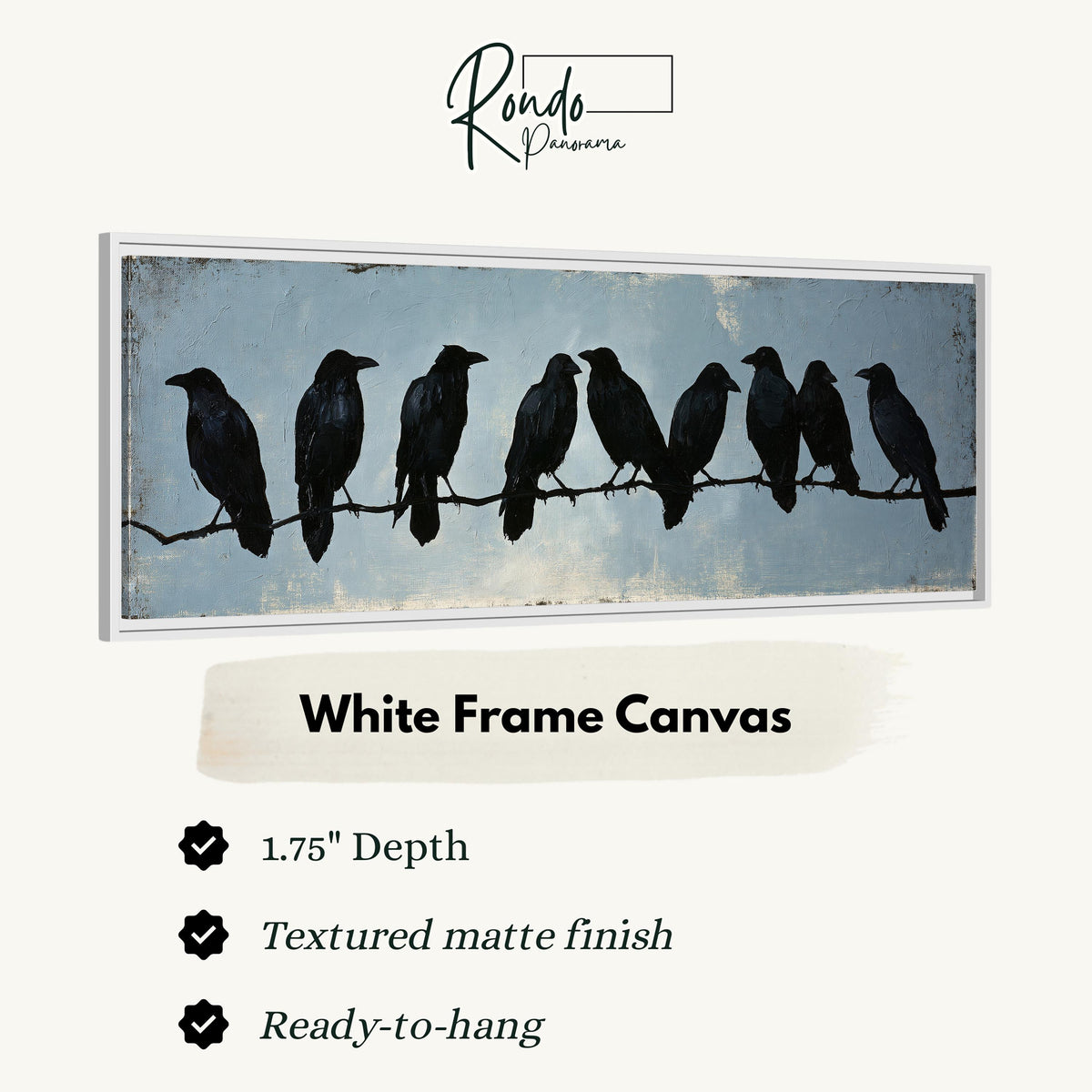 Crows gathered on a branch canvas print in a white floating frame