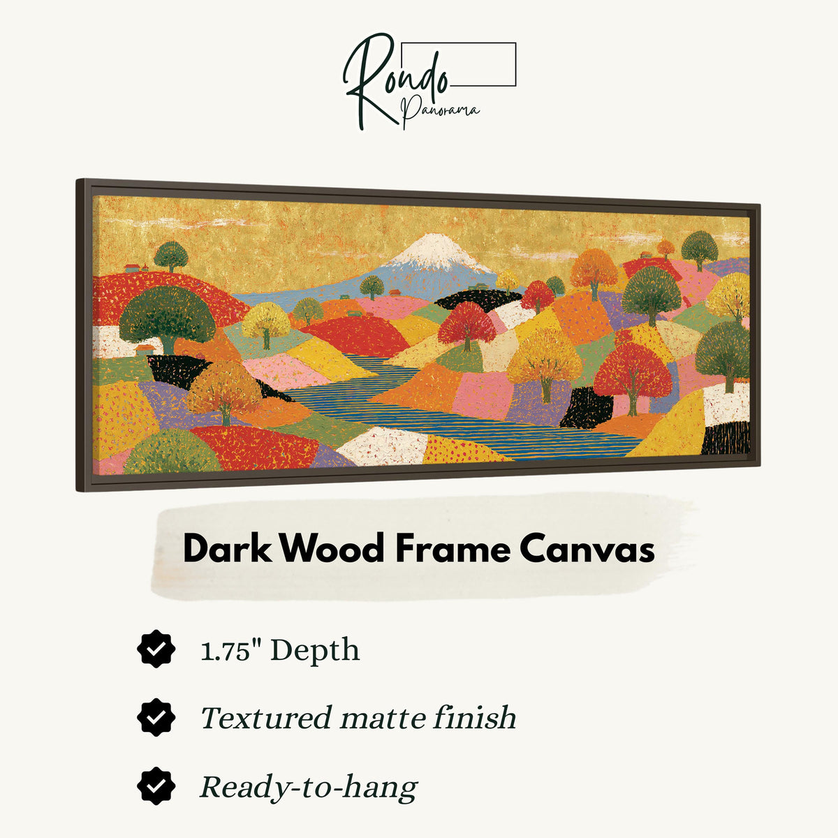 Mount Fuji over golden patchwork hills canvas print in a dark wood floating frame