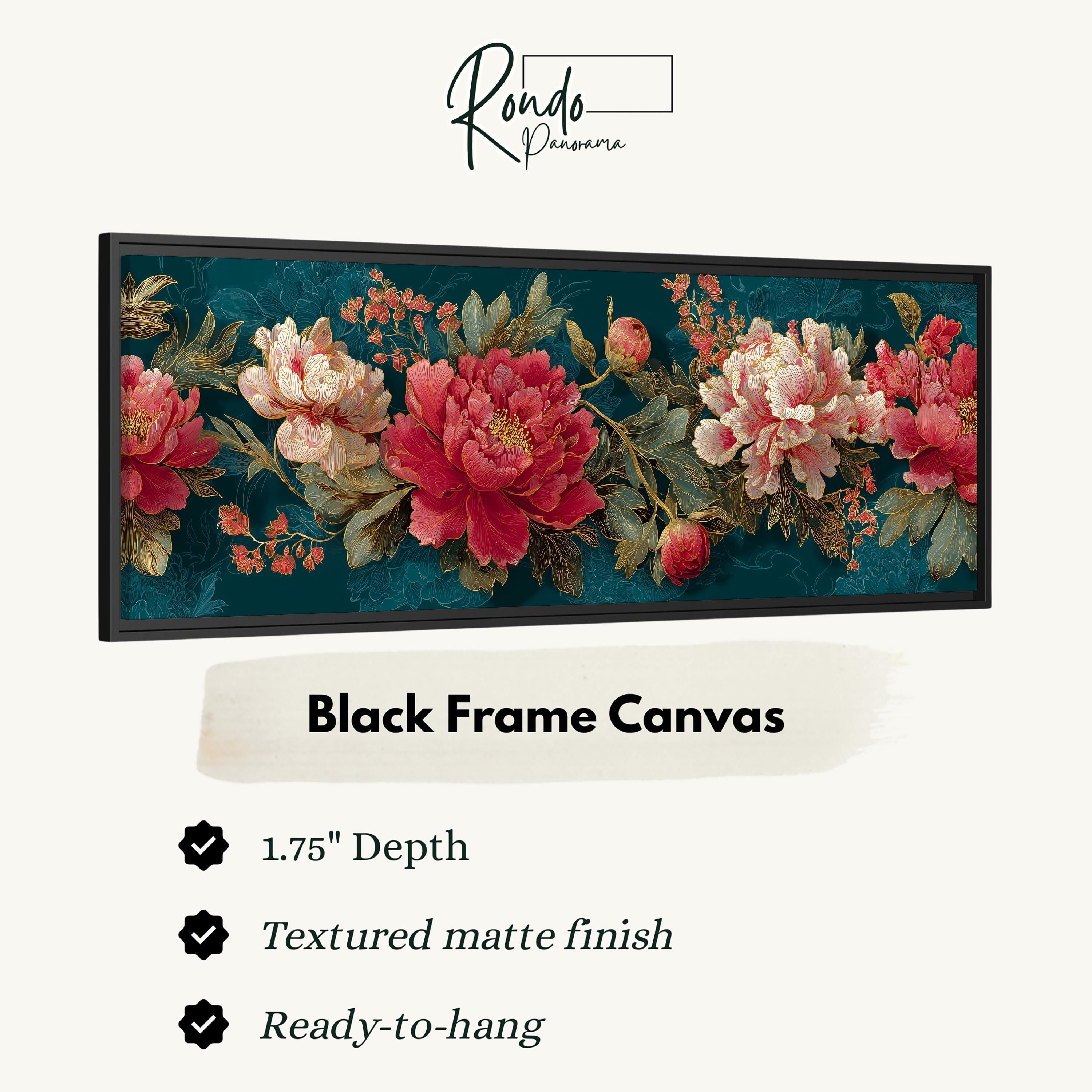 The image is a black frame canvas featuring a floral design with red and pink flowers against a dark green background.
