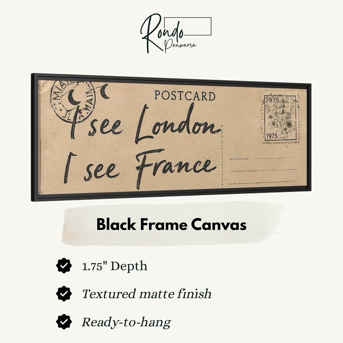 Postcard saying I see London, I see France canvas print in a black floating frame