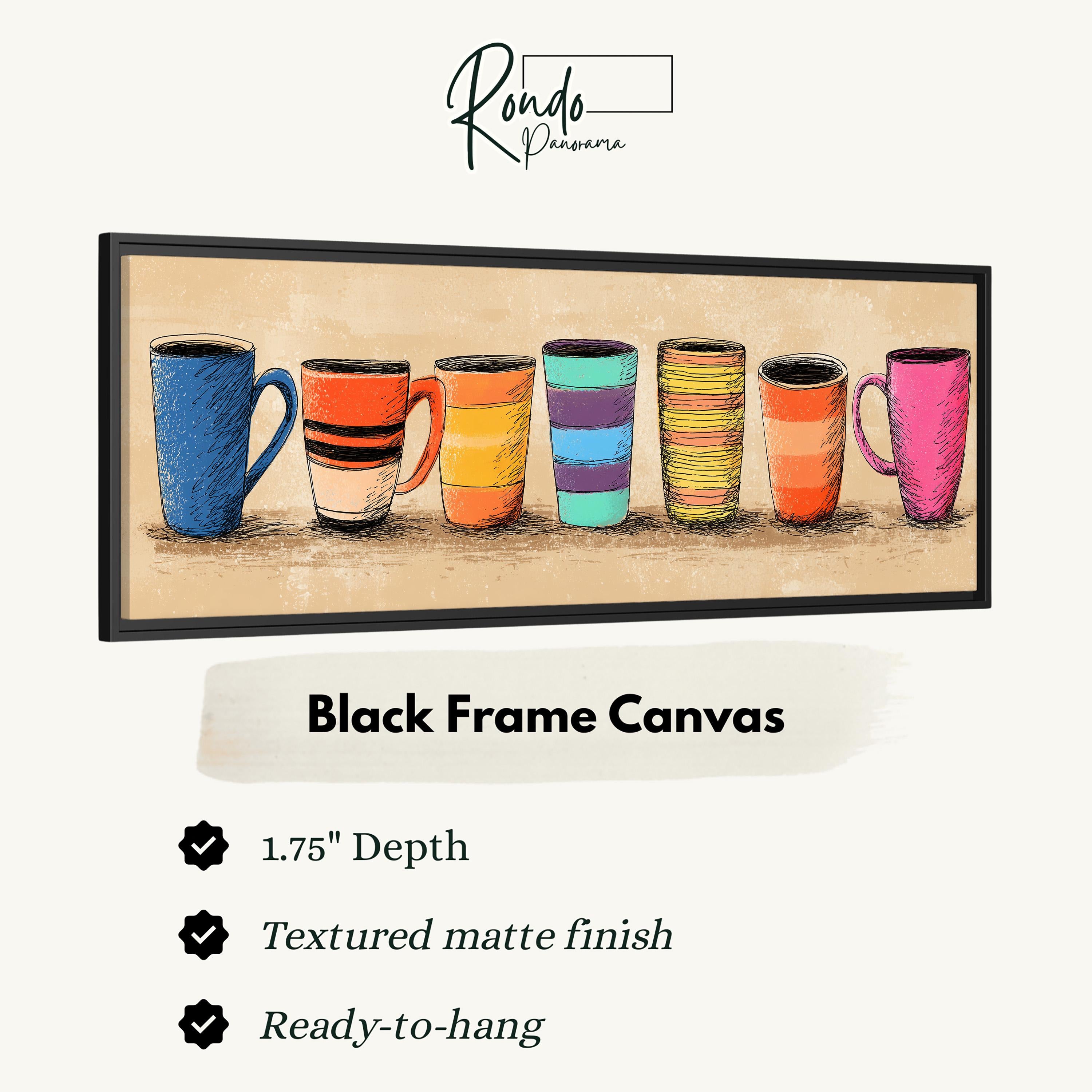 a black frame canvas with a line of colorful mugs or cups arranged in a row.