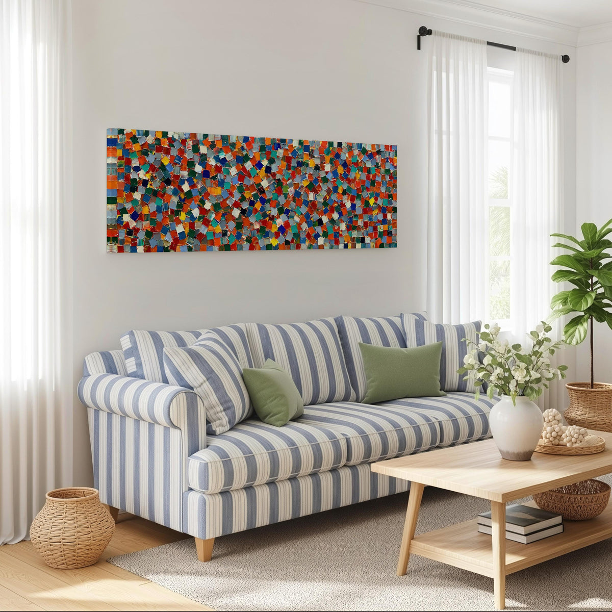 Colorful confetti mosaic squares long horizontal canvas print above a striped sofa in a coastal living room