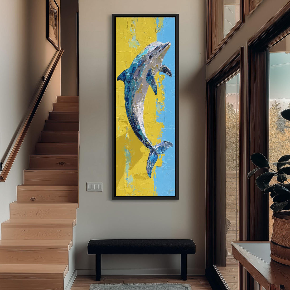 a large framed painting of a dolphin hanging on a wall in a room with a wooden cabinet and a vase of flowers.