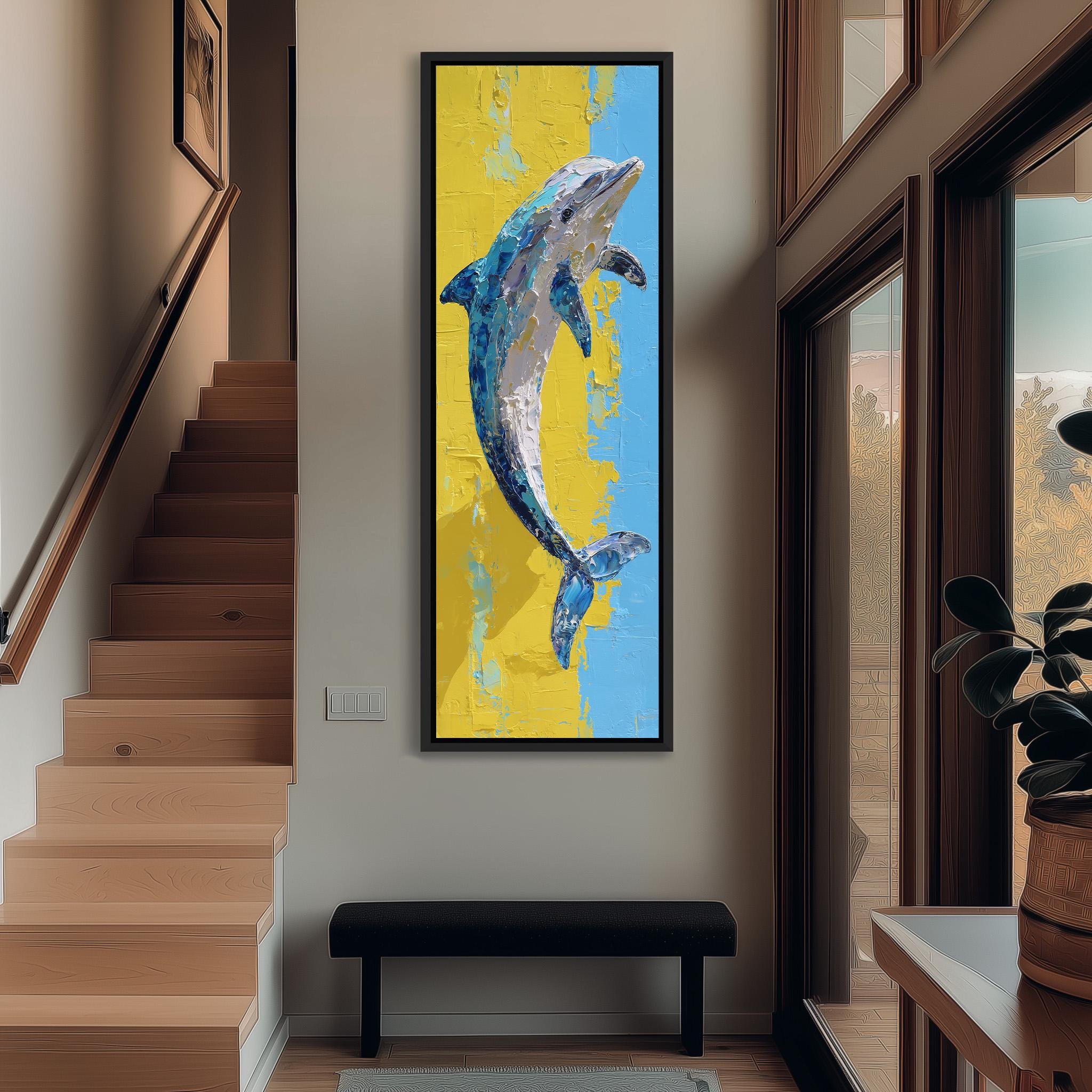 a large painting of a dolphin hanging on the wall of a hallway.