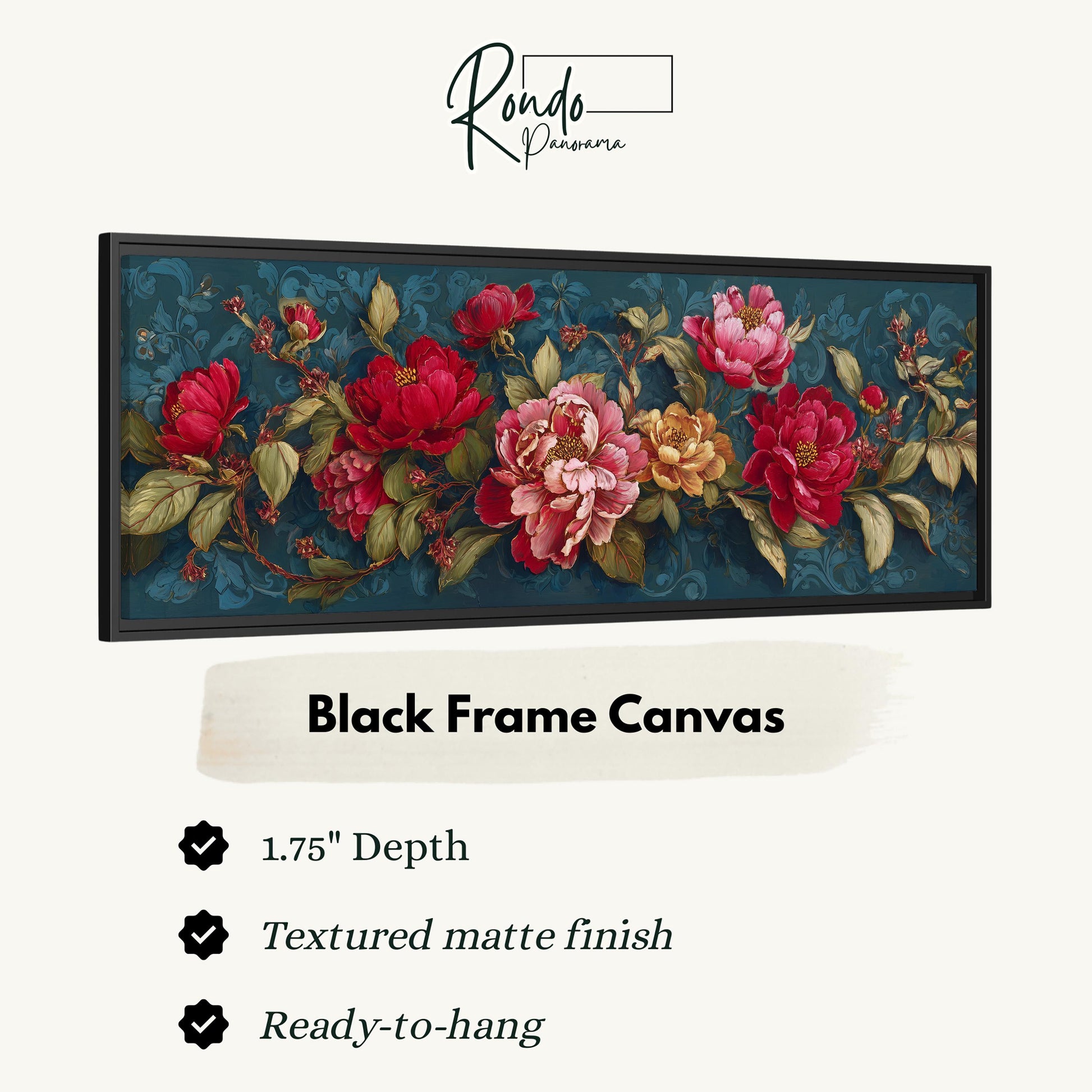 The image is a black frame canvas featuring a floral design with red and pink flowers against a dark blue background.