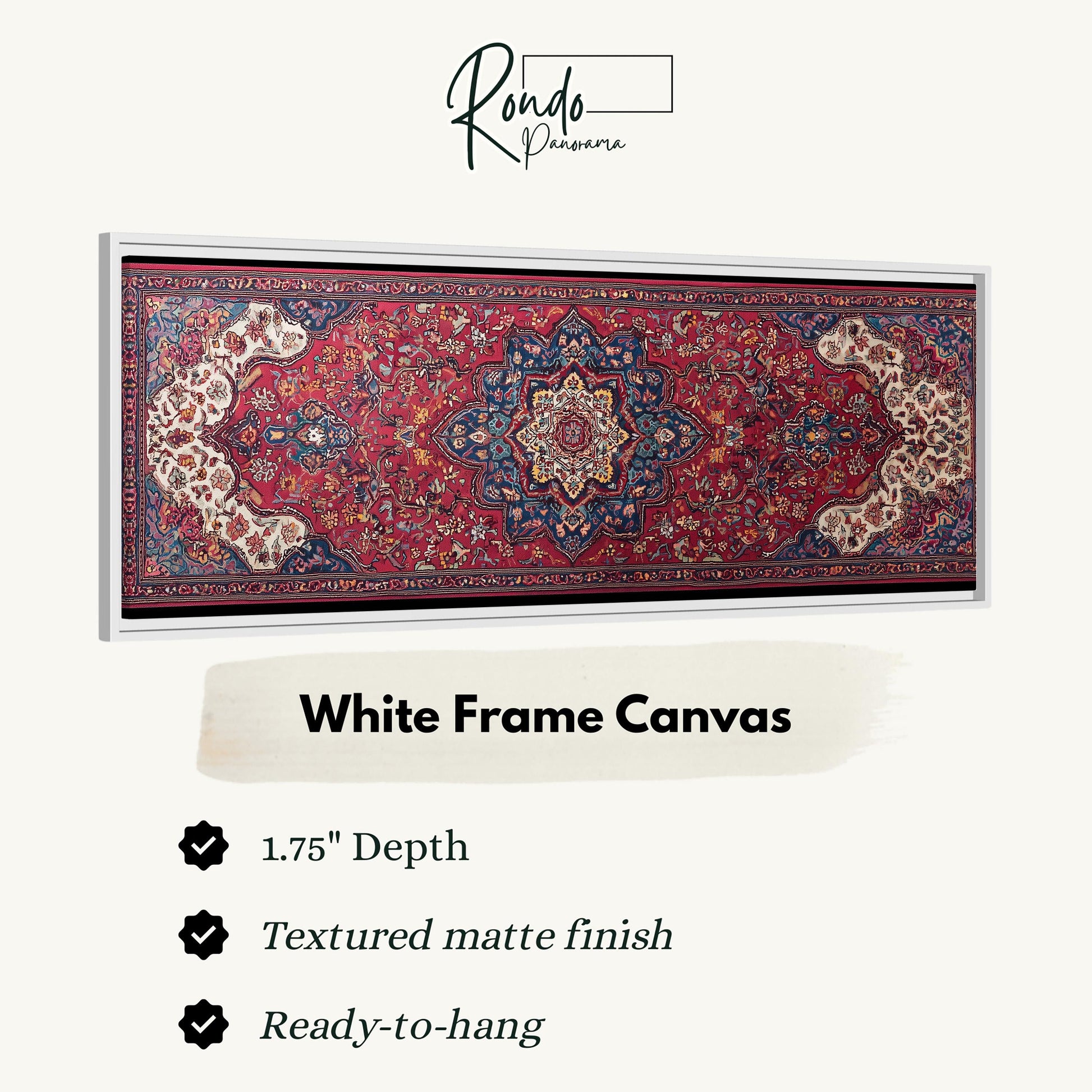 a large, intricately designed rug with a white frame. The rug has a 1.75" depth and is textured with a matte finish. It is ready to hang.