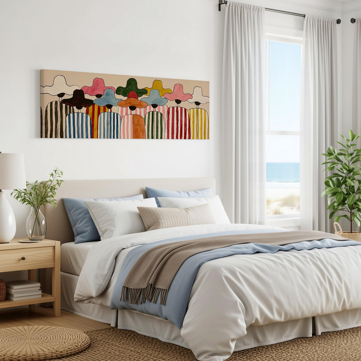 Crowd of figures in colorful sun hats panoramic canvas print above a bed in a coastal bedroom