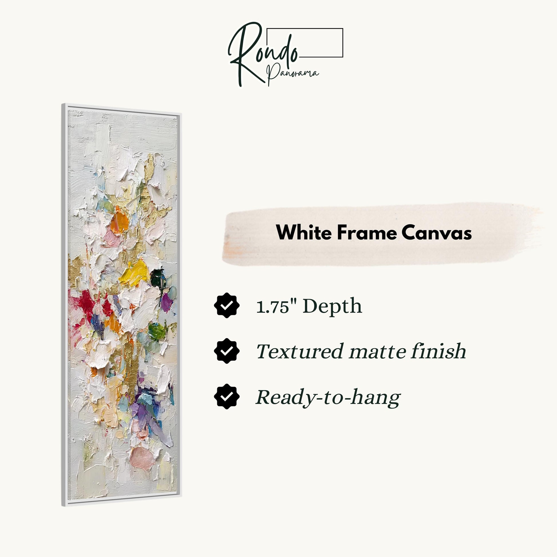The image is a product advertisement for a white frame canvas. It features a colorful abstract painting with a textured finish and a description of the product's features.