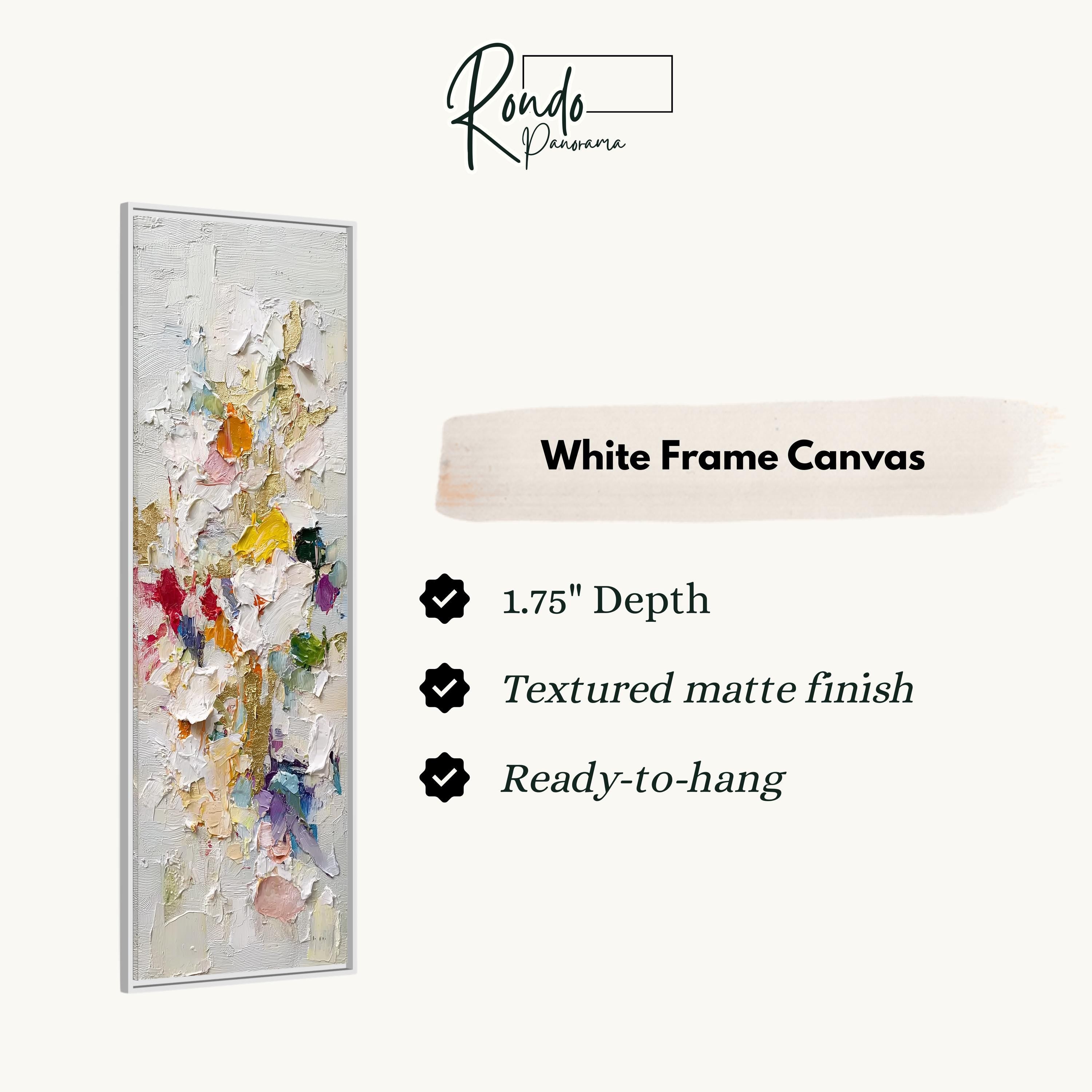 The image is a product advertisement for a white frame canvas. It features a colorful abstract painting with a textured finish and a description of the product's features.