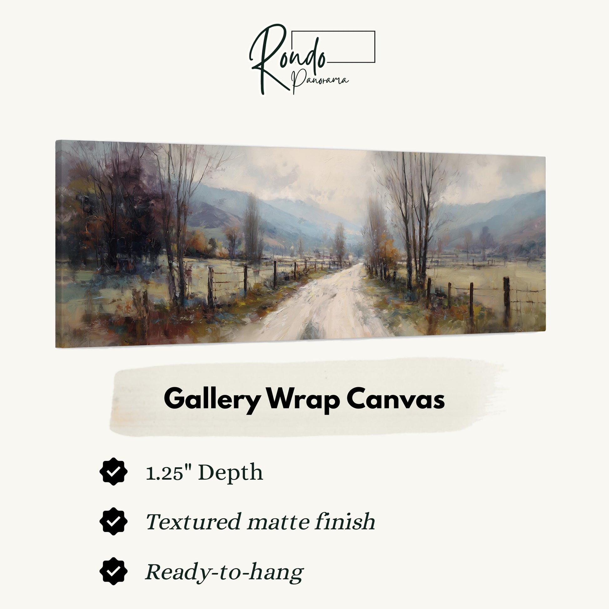 The image is a painting of a rural landscape with a dirt road leading through a field of trees.