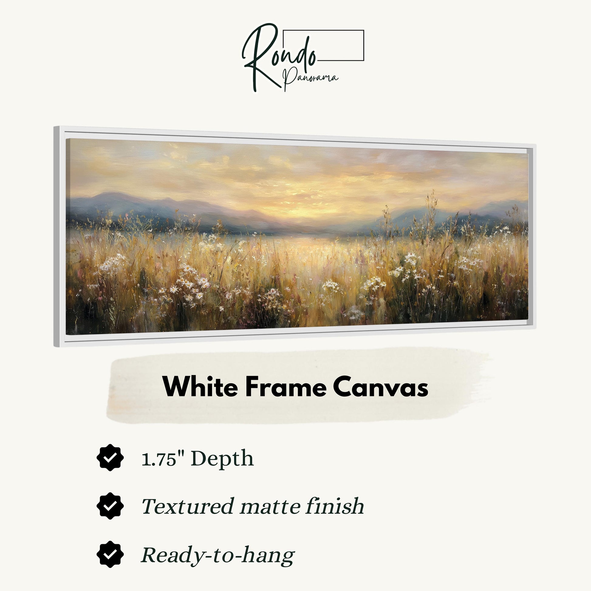 The image is a white frame canvas depicting a serene landscape with a field of flowers and a sunset in the background.