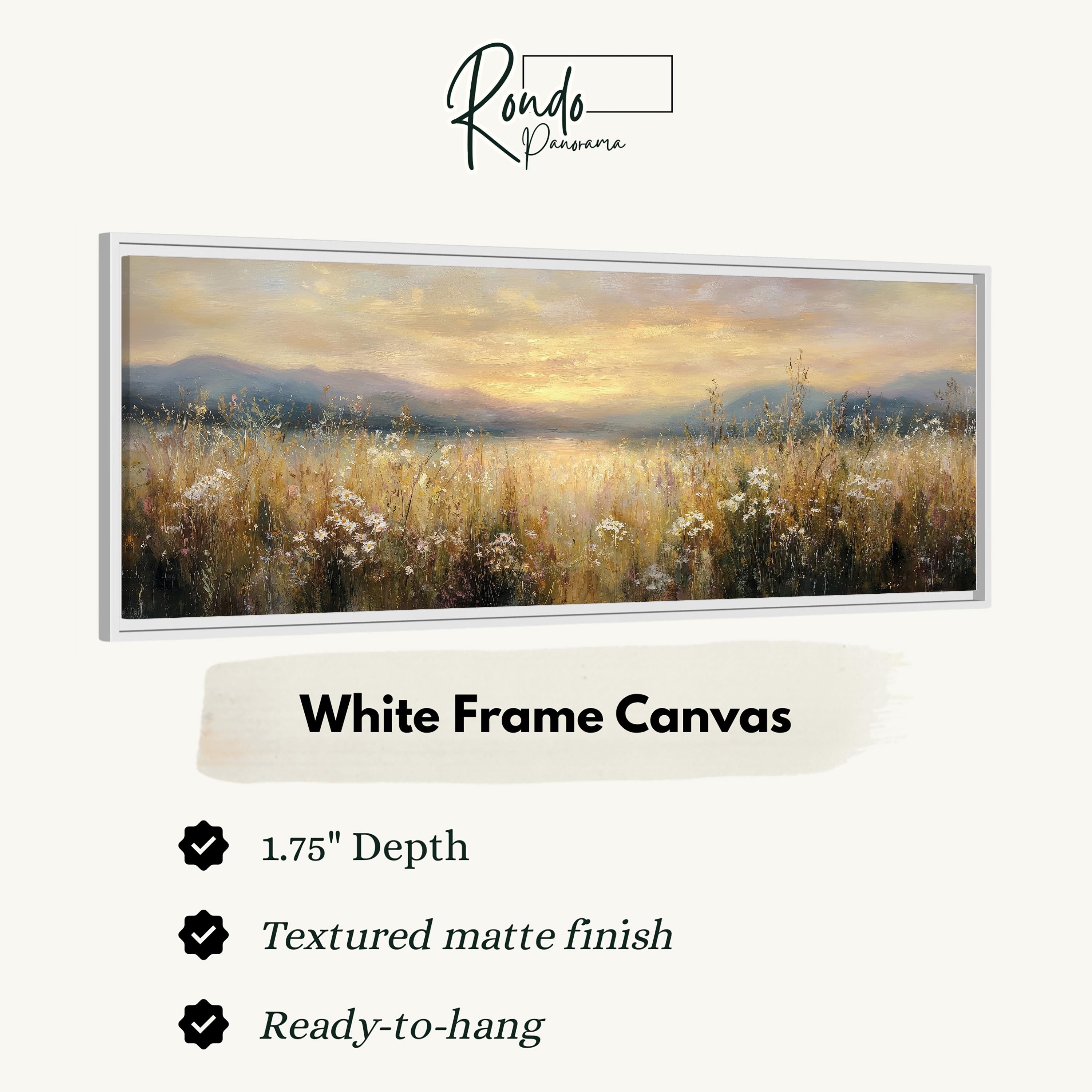The image is a white frame canvas depicting a serene landscape with a field of flowers and a sunset in the background.