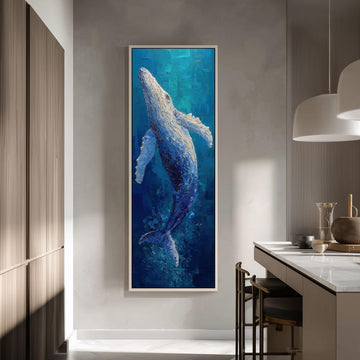 a large painting of a blue whale hanging on a wall in a modern kitchen.