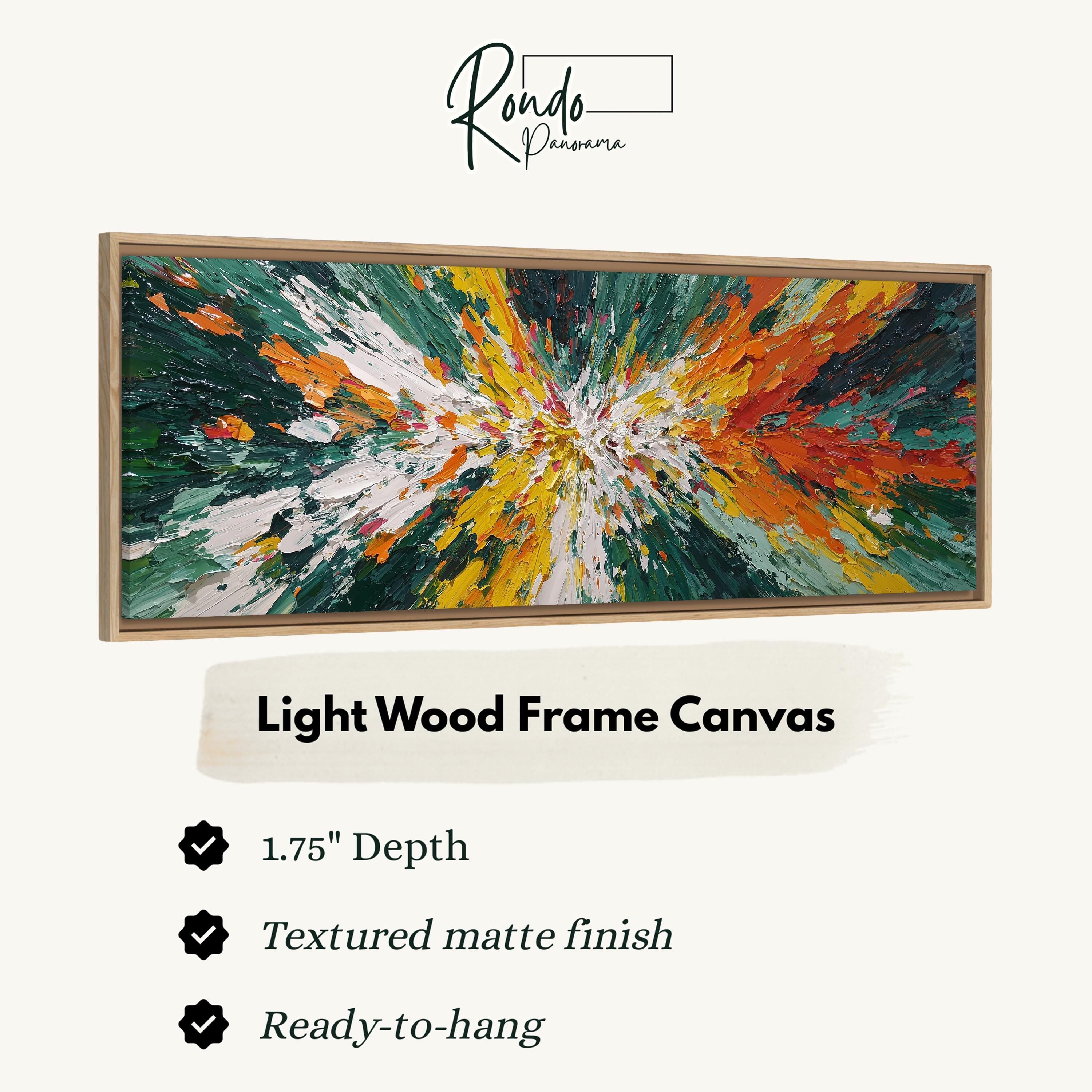 a large, vibrant abstract painting in a light wood frame.