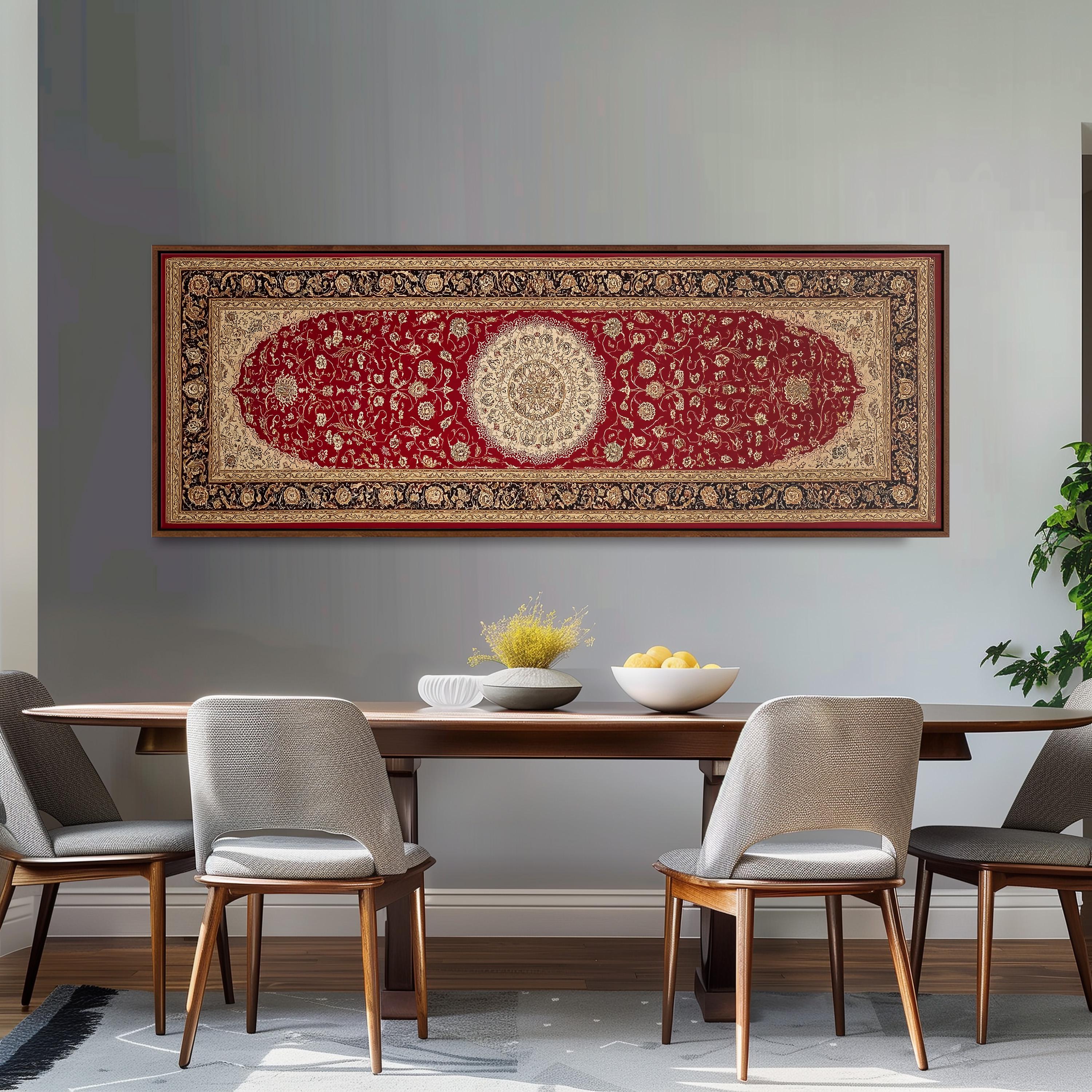 a dining room with a wooden table and four chairs, a large red and gold rug hanging on the wall above the table, and a bowl of fruit on the table.
