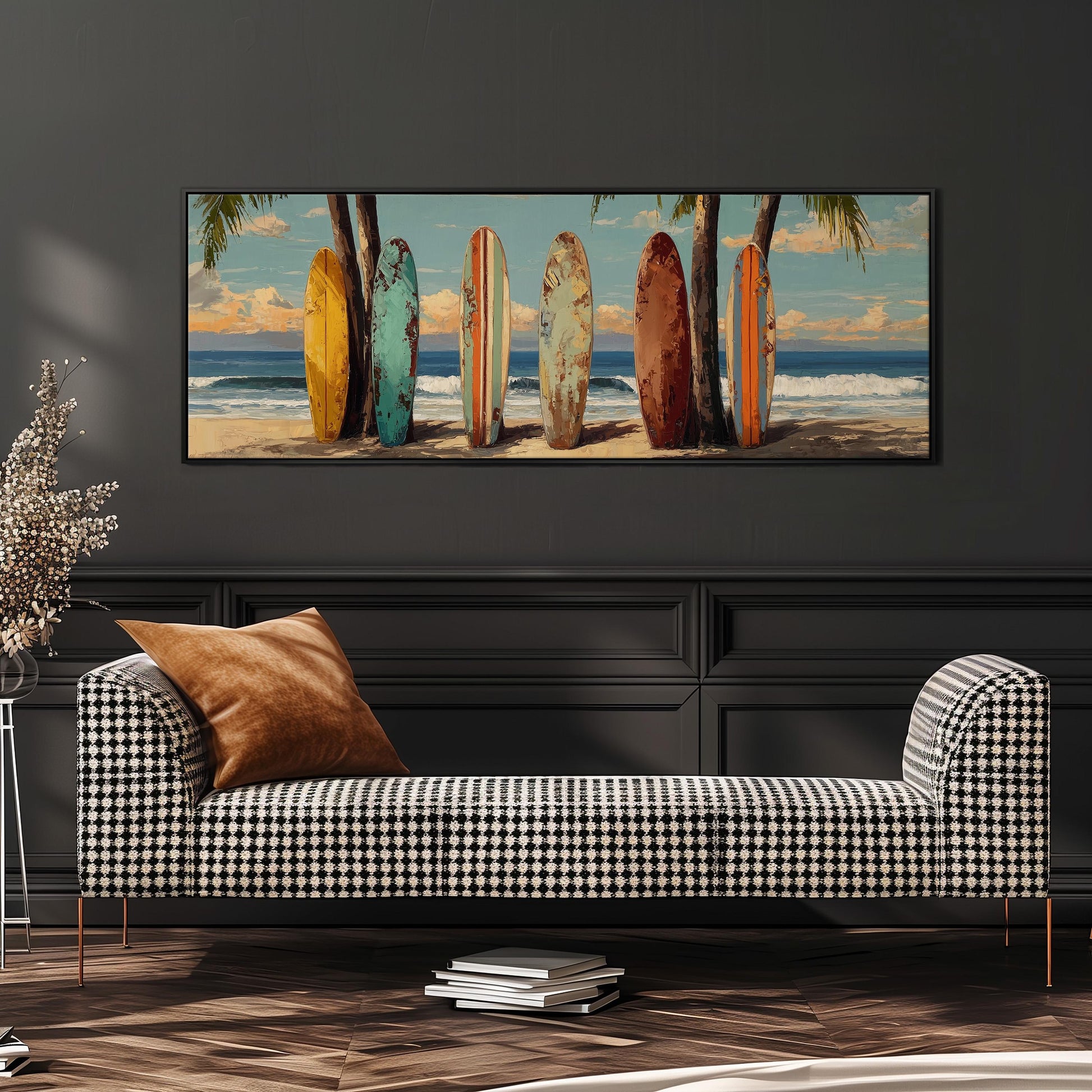 a large framed artwork depicting a beach scene with a row of colorful surfboards leaning against palm trees.