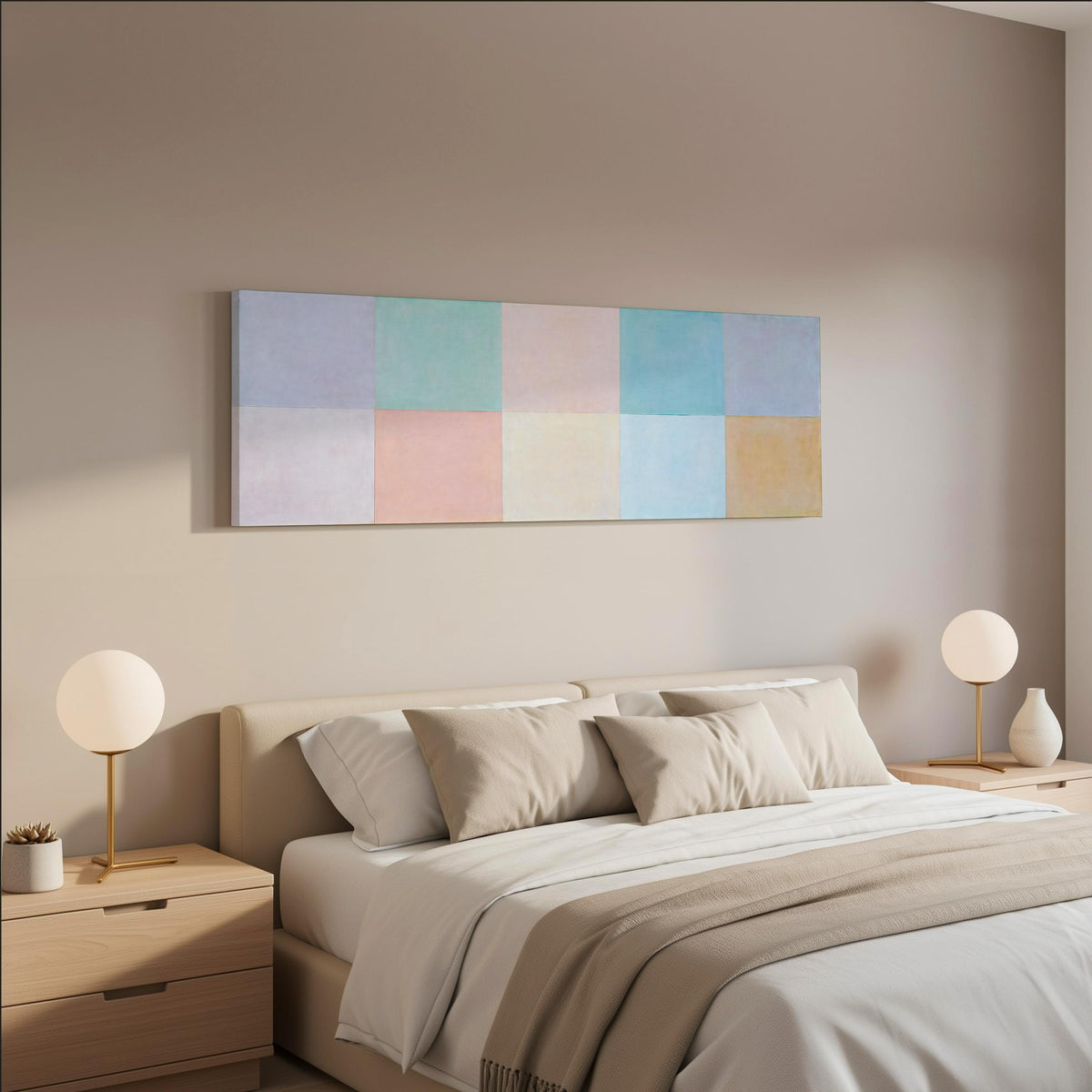 Pastel checkerboard grid wide panoramic canvas print above a bed in a neutral bedroom