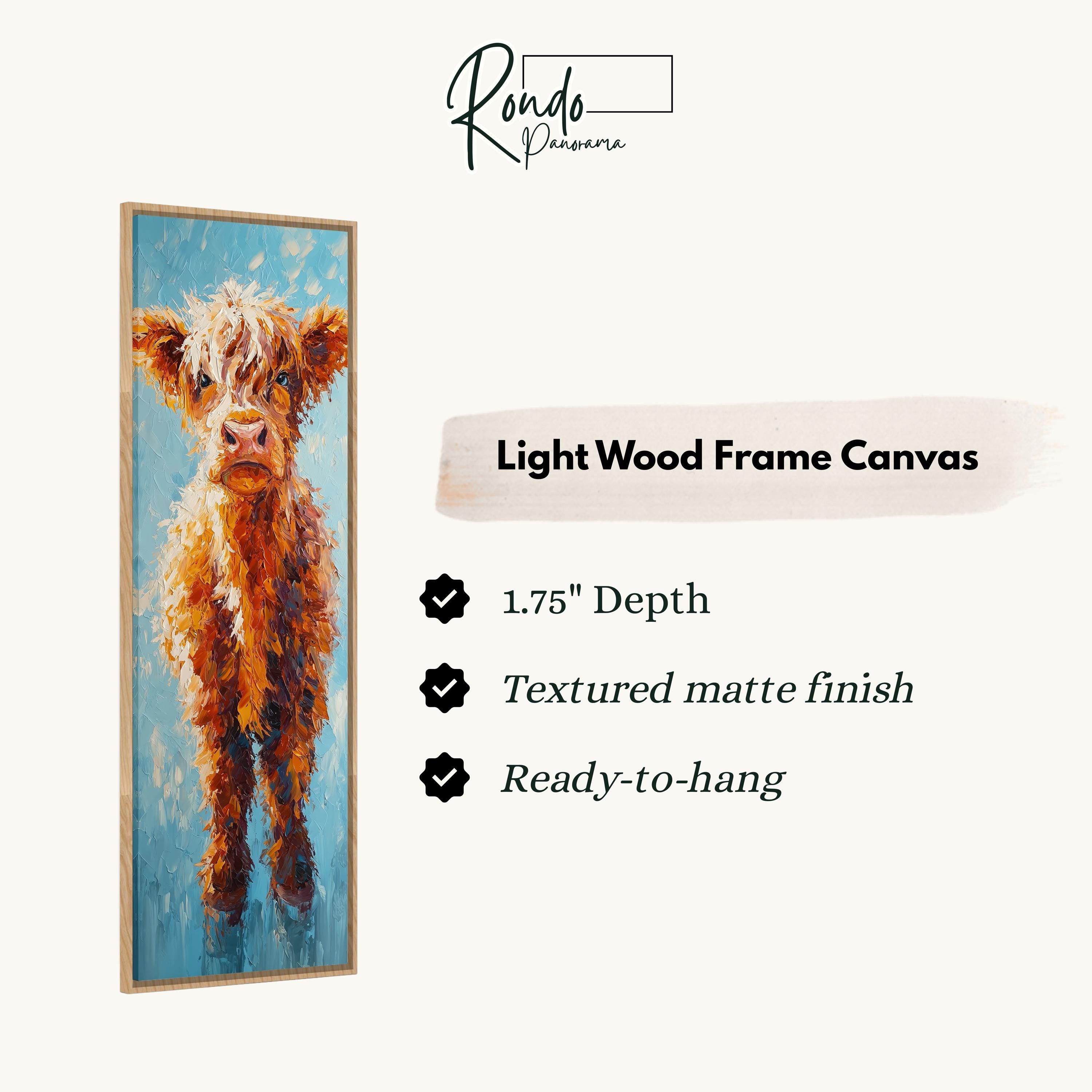 The image is a light wood frame canvas depicting an orange cow standing in a blue field.