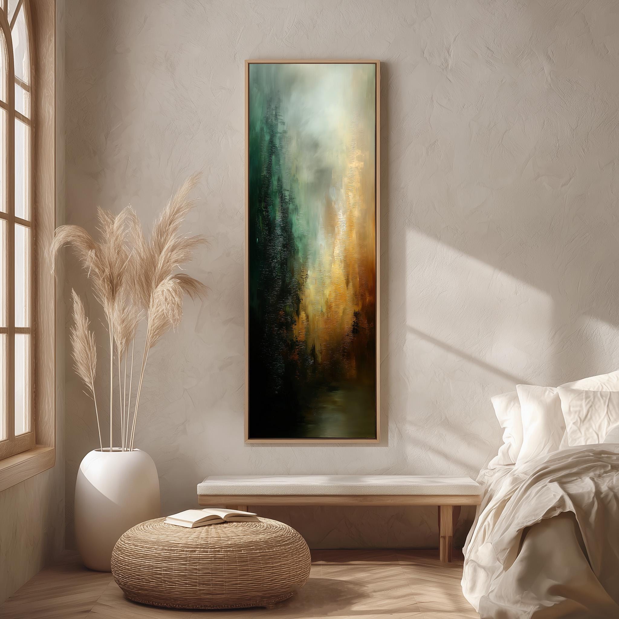 a serene and modern bedroom with a large abstract painting hanging on the wall, a white bed with a white pillow, a white wicker ottoman, and a tall white vase with tall potted plants.