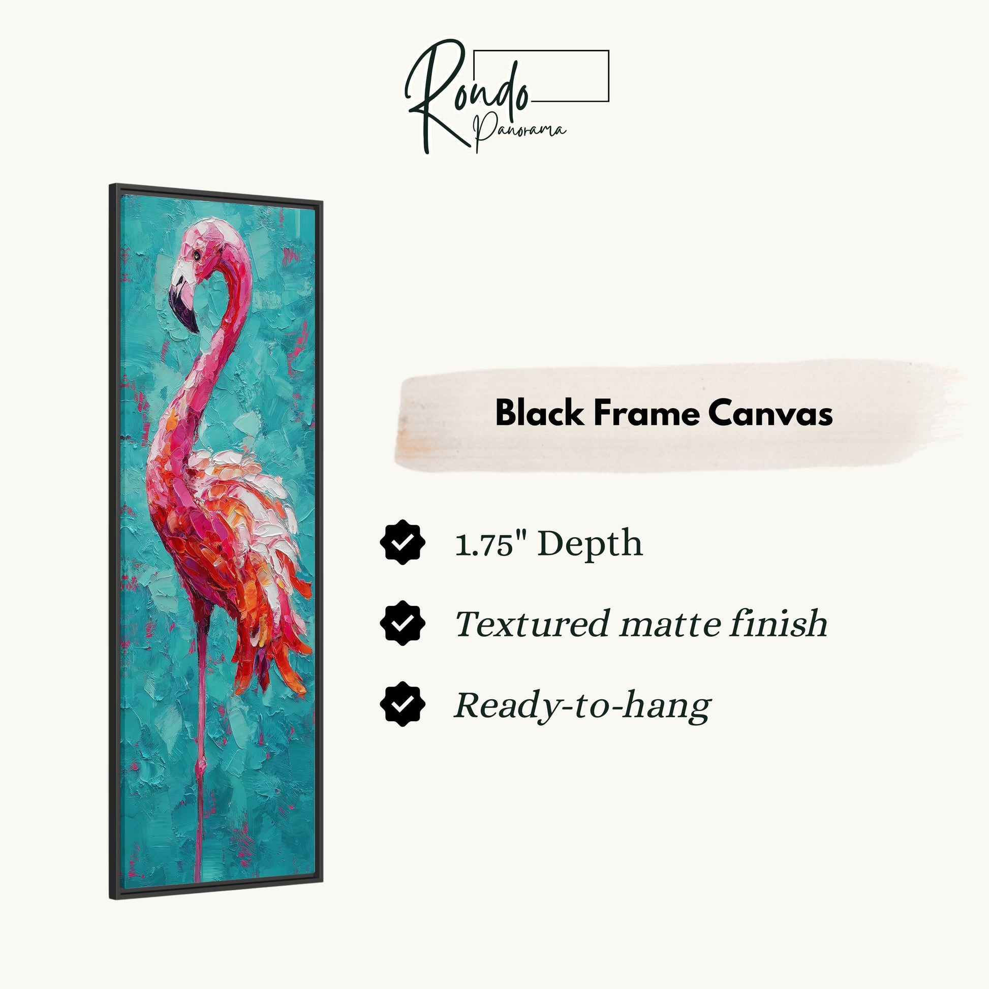a vibrant painting of a flamingo in a black frame.