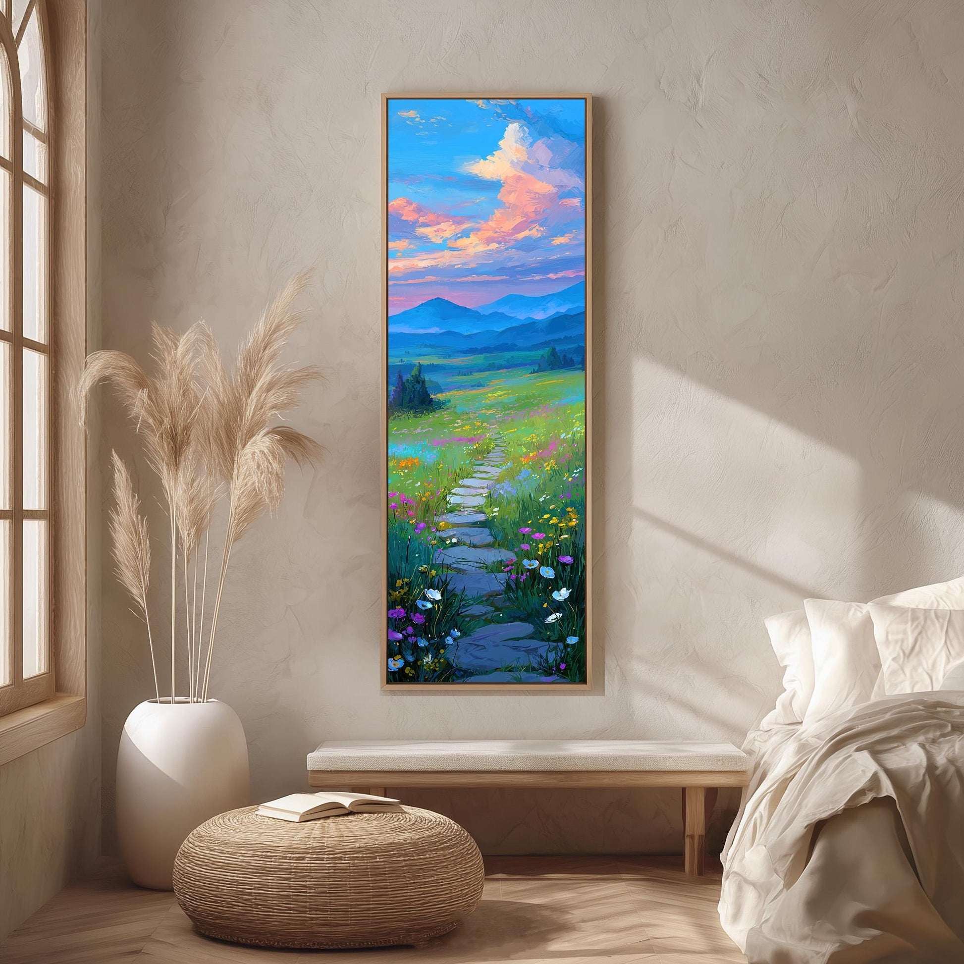 a serene bedroom scene with a large painting of a winding path through a field of flowers hanging on the wall. The painting is framed in a white frame and is the focal point of the room. The room has a comfortable bed, a wicker ottoman, and a potted plant, creating a cozy and inviting atmosphere.