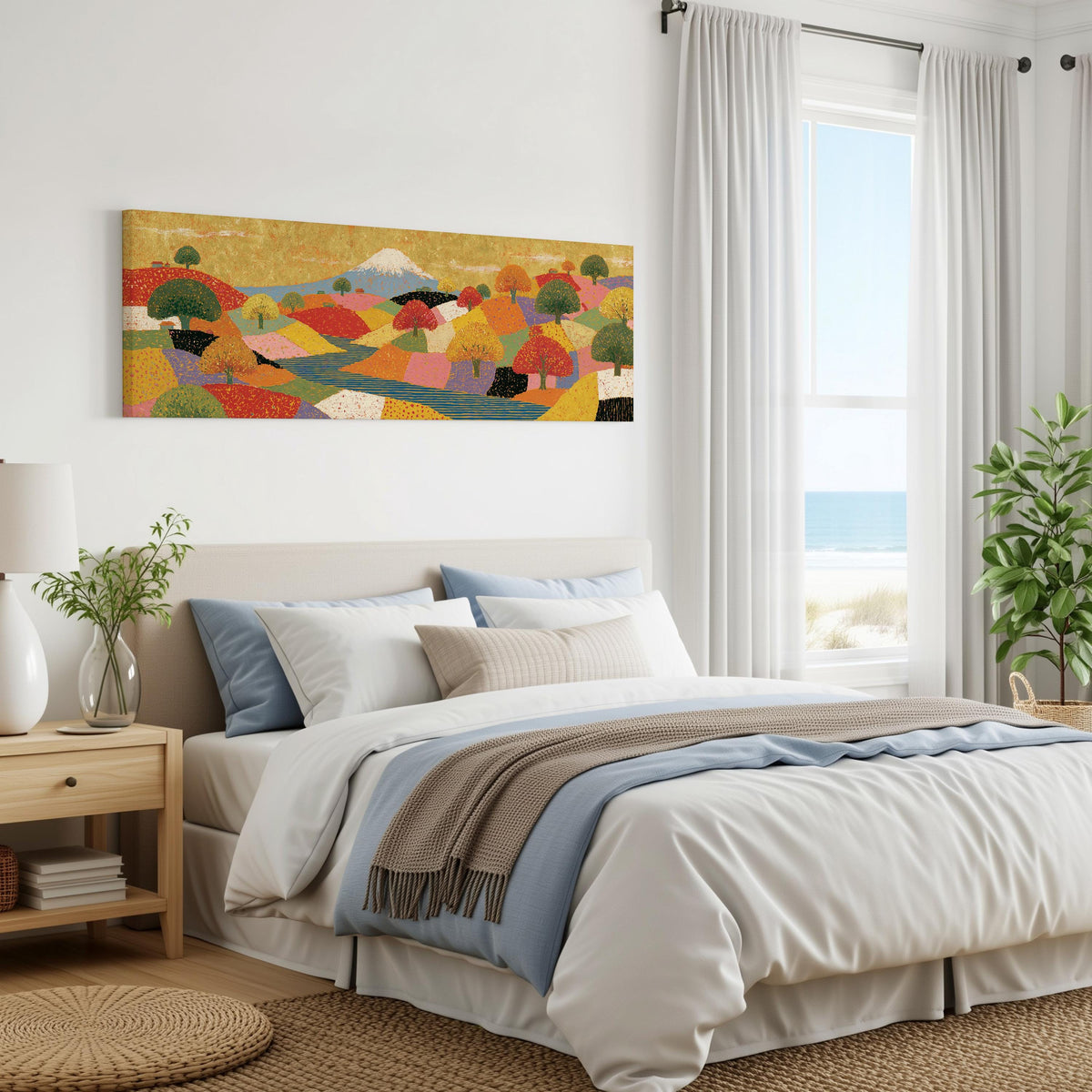 Mount Fuji over golden patchwork hills panoramic canvas print above a bed in a coastal bedroom