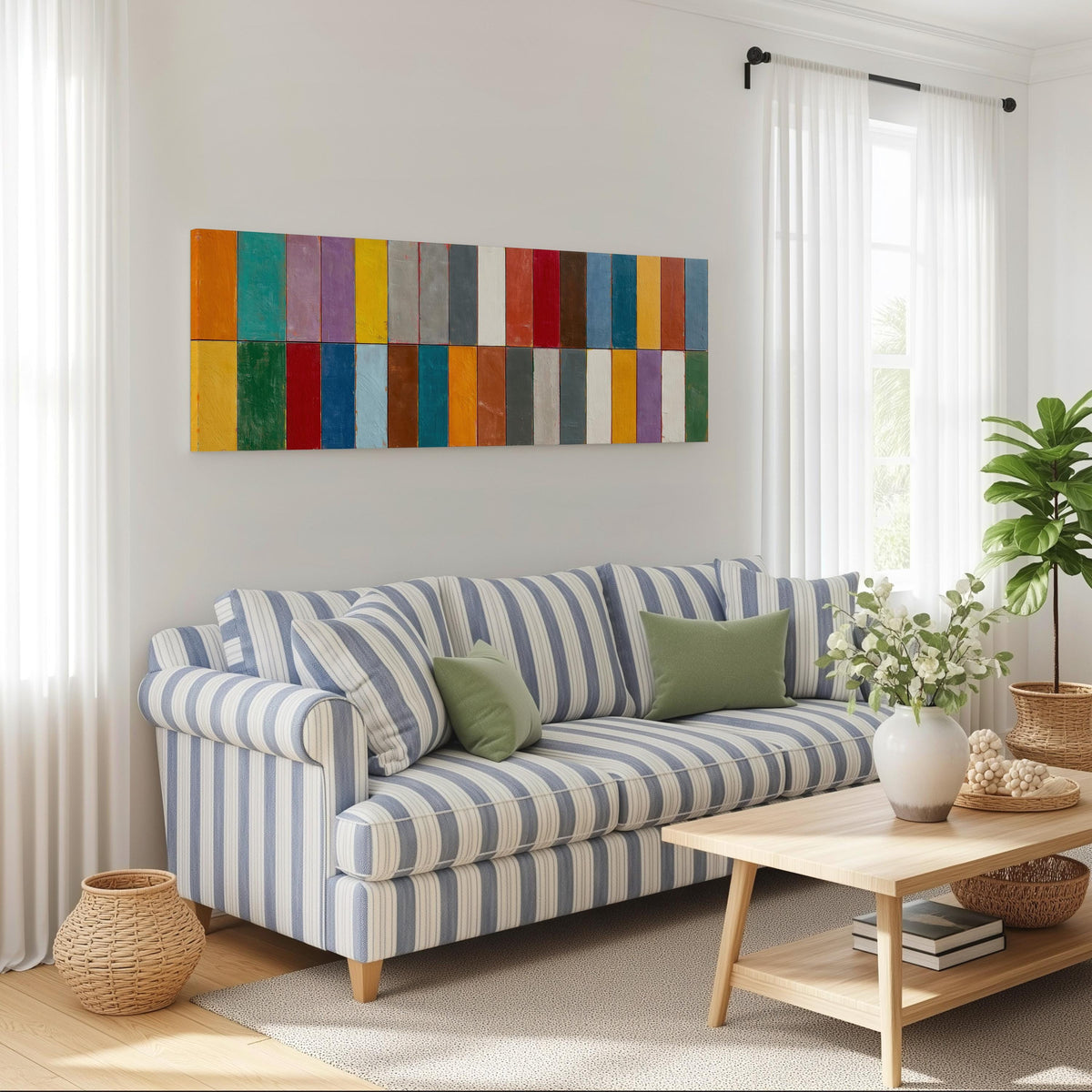 Bright color block rows long horizontal canvas print above a striped sofa in a coastal living room