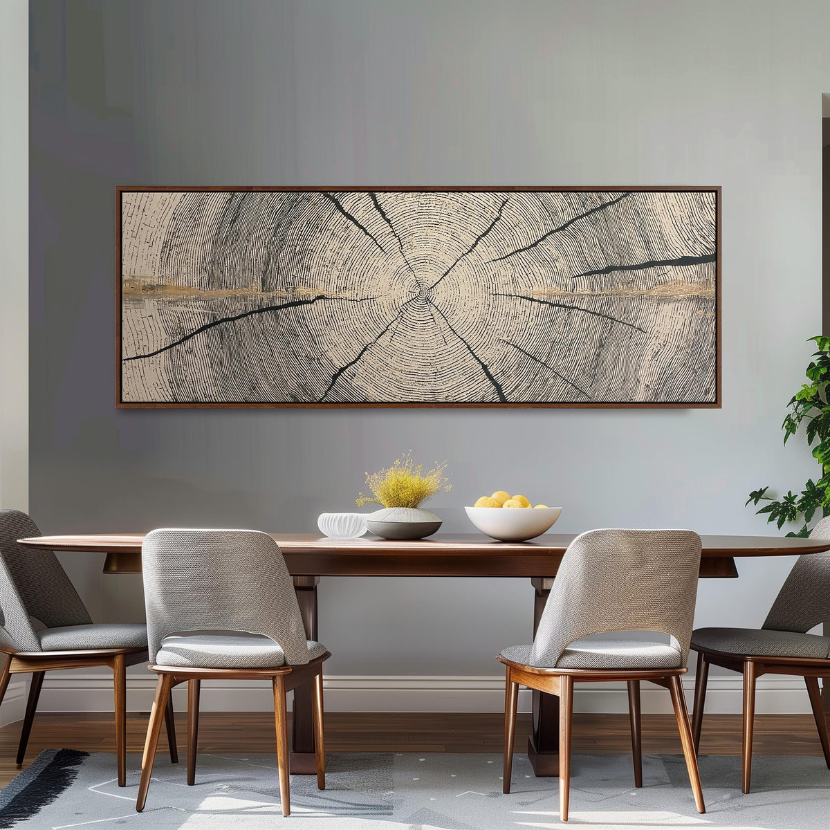 Pale gold wood ring long horizontal canvas print above a dining table