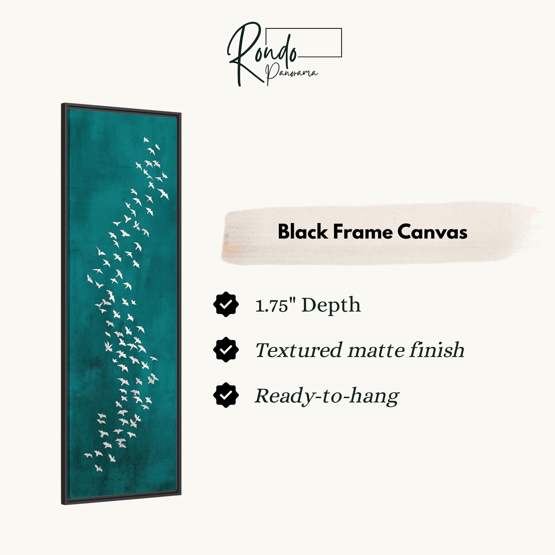 The image is a black frame canvas with a teal background and a flock of white birds.