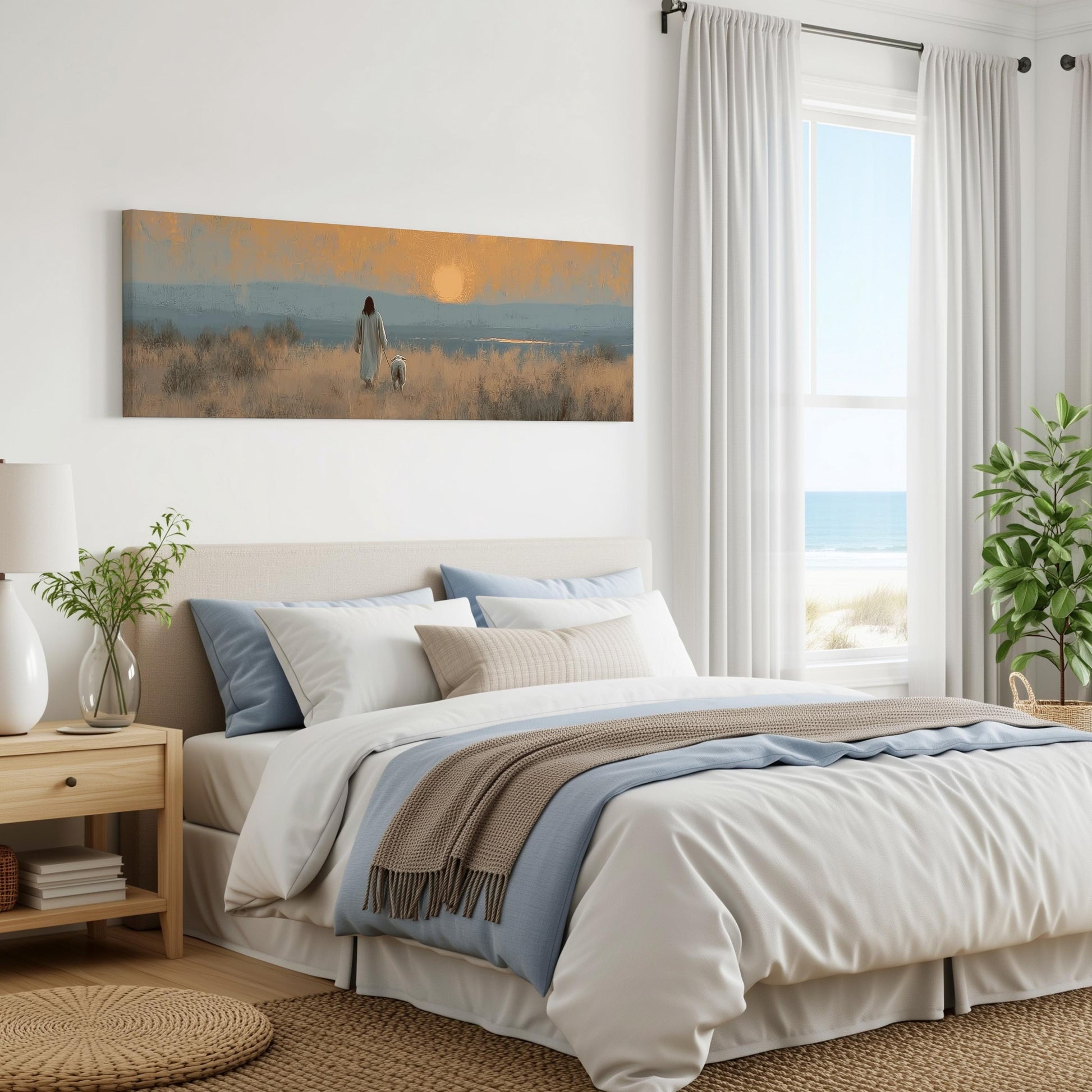 a serene bedroom scene with a large bed, a nightstand, and a painting of a person walking in a field with a sunset in the background.