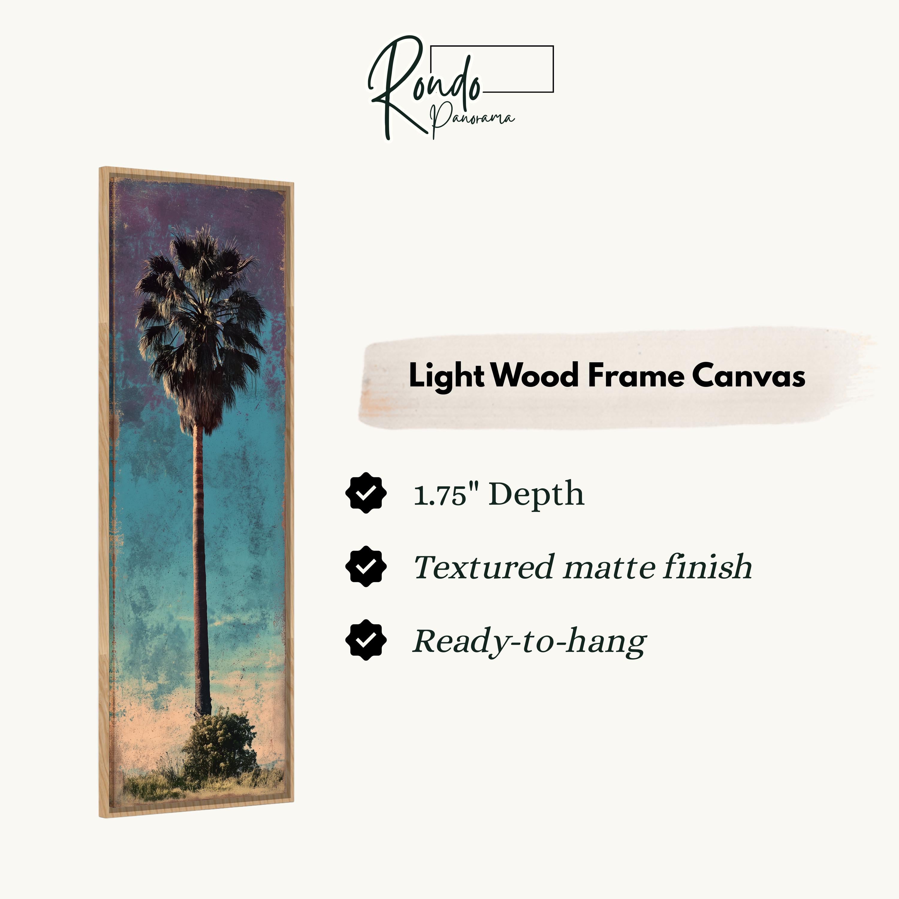The image is a light wood frame canvas featuring a palm tree against a blue sky background.